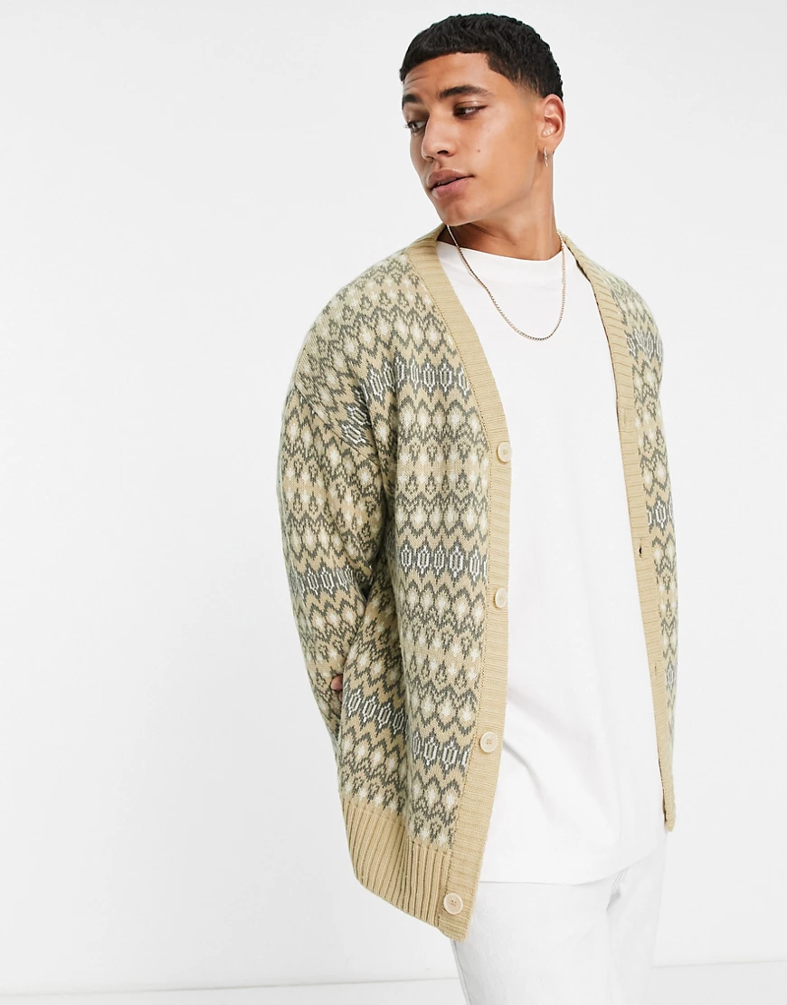 Topman – Strickjacke mit Norwegermuster in Stein-Neutral günstig online kaufen