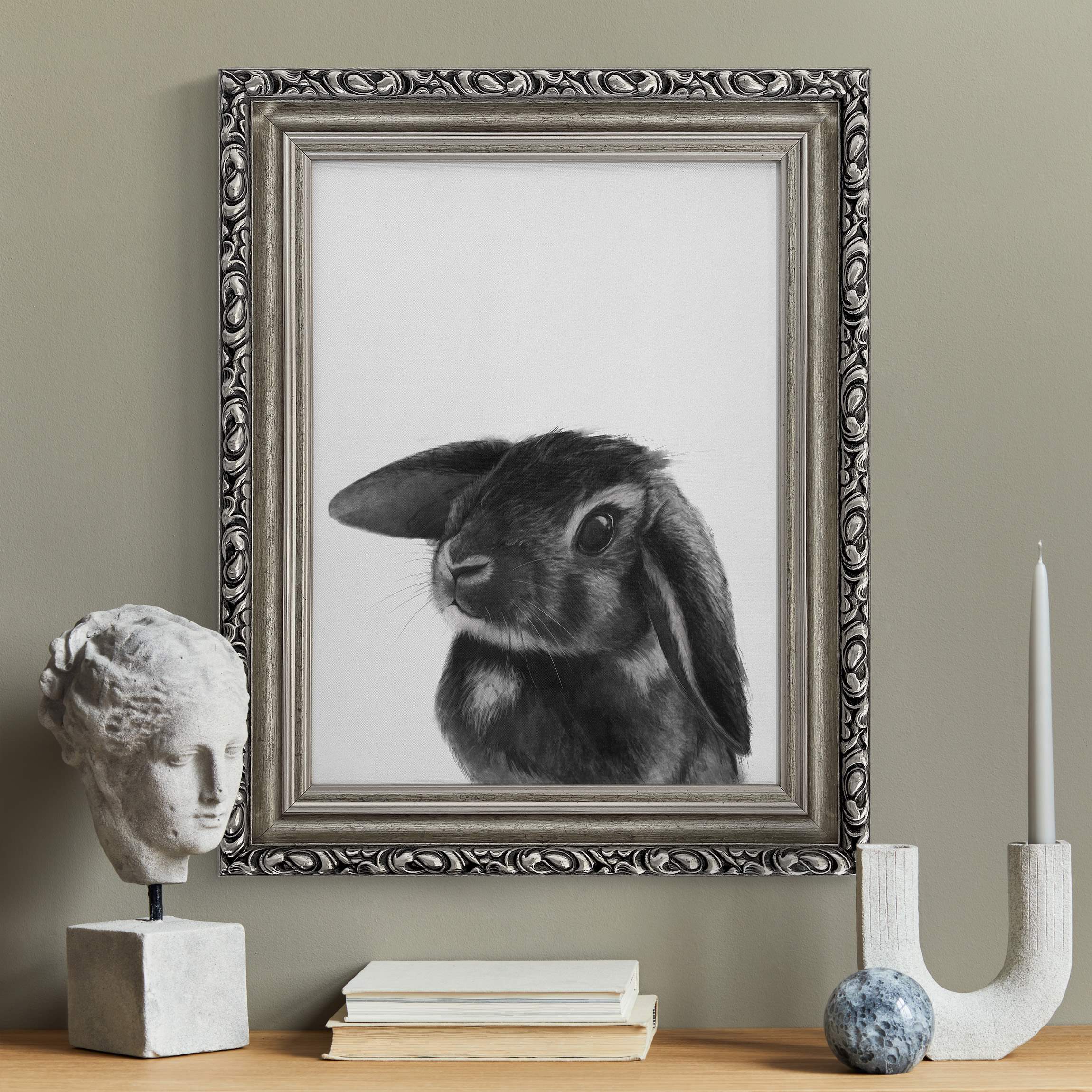 Gerahmtes Leinwandbild Illustration Hase Schwarz Weiß Zeichnung günstig online kaufen