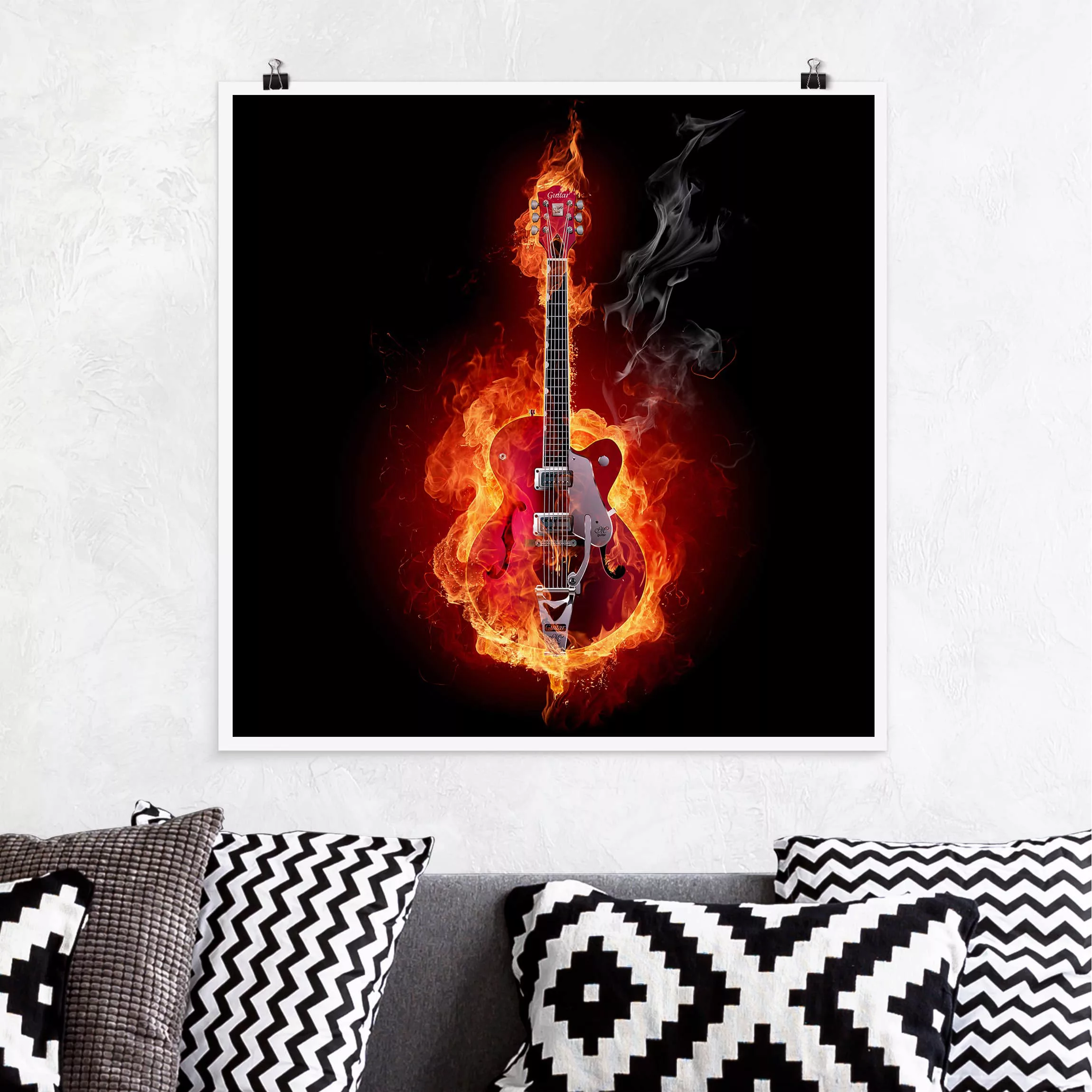 Poster Kinderzimmer - Quadrat Gitarre in Flammen günstig online kaufen