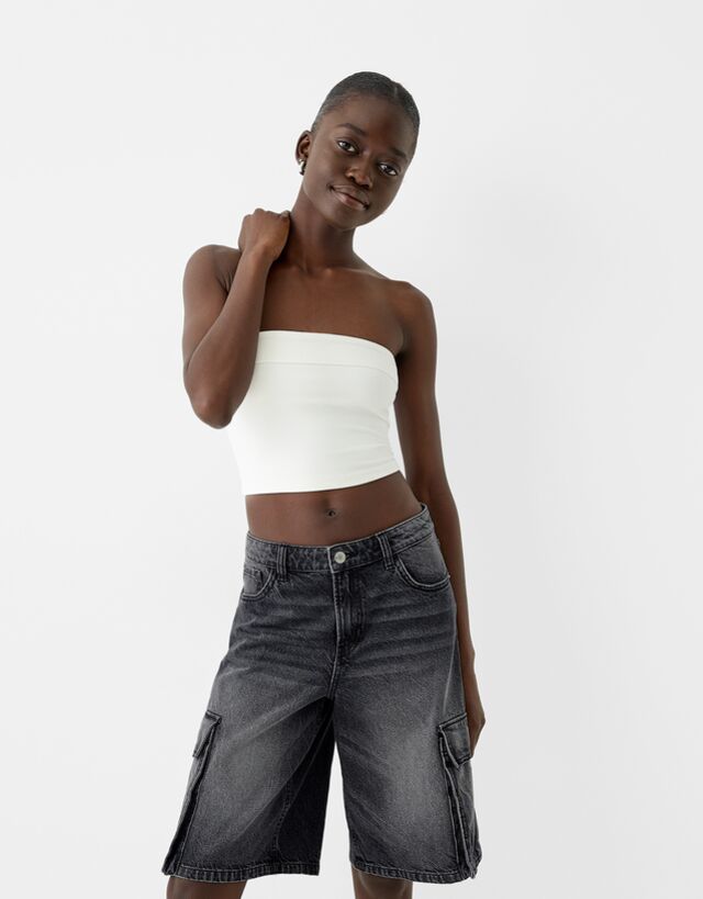 Bershka Jeans-Bermudashorts Im Baggy- Und Cargo-Stil Damen 42 Schwarz günstig online kaufen