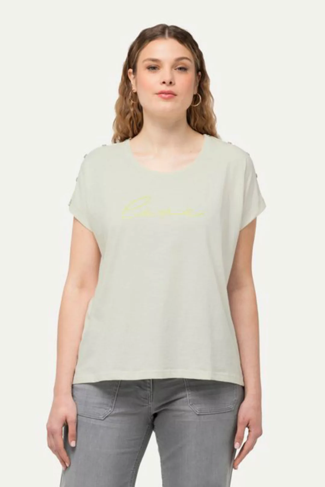 Ulla Popken Rundhalsshirt T-Shirt Love Knöpfe Oversized Rundhals Halbarm günstig online kaufen