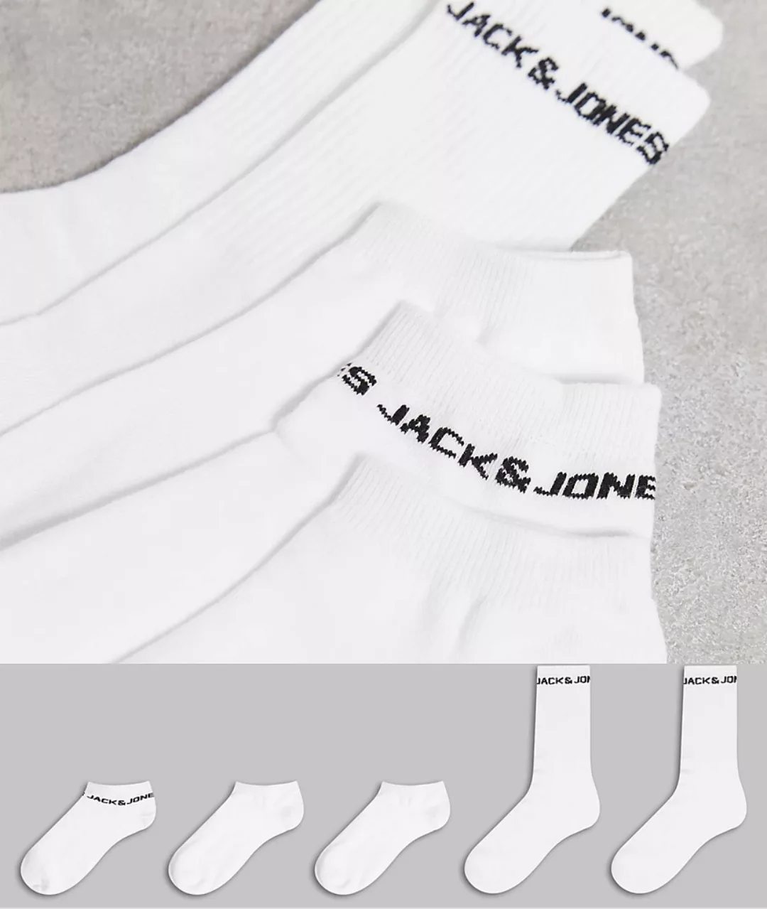 Jack & Jones – 5er-Pack Crew-Socken in Weiß mit verschiedenen Designs günstig online kaufen