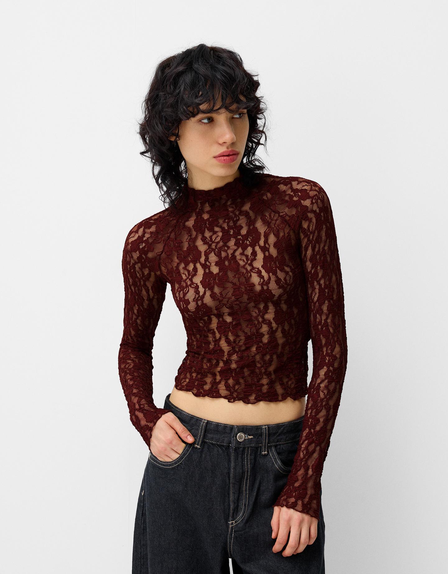 Bershka Langarmshirt Mit Stehkragen Und Spitzenkante Damen S Braun günstig online kaufen