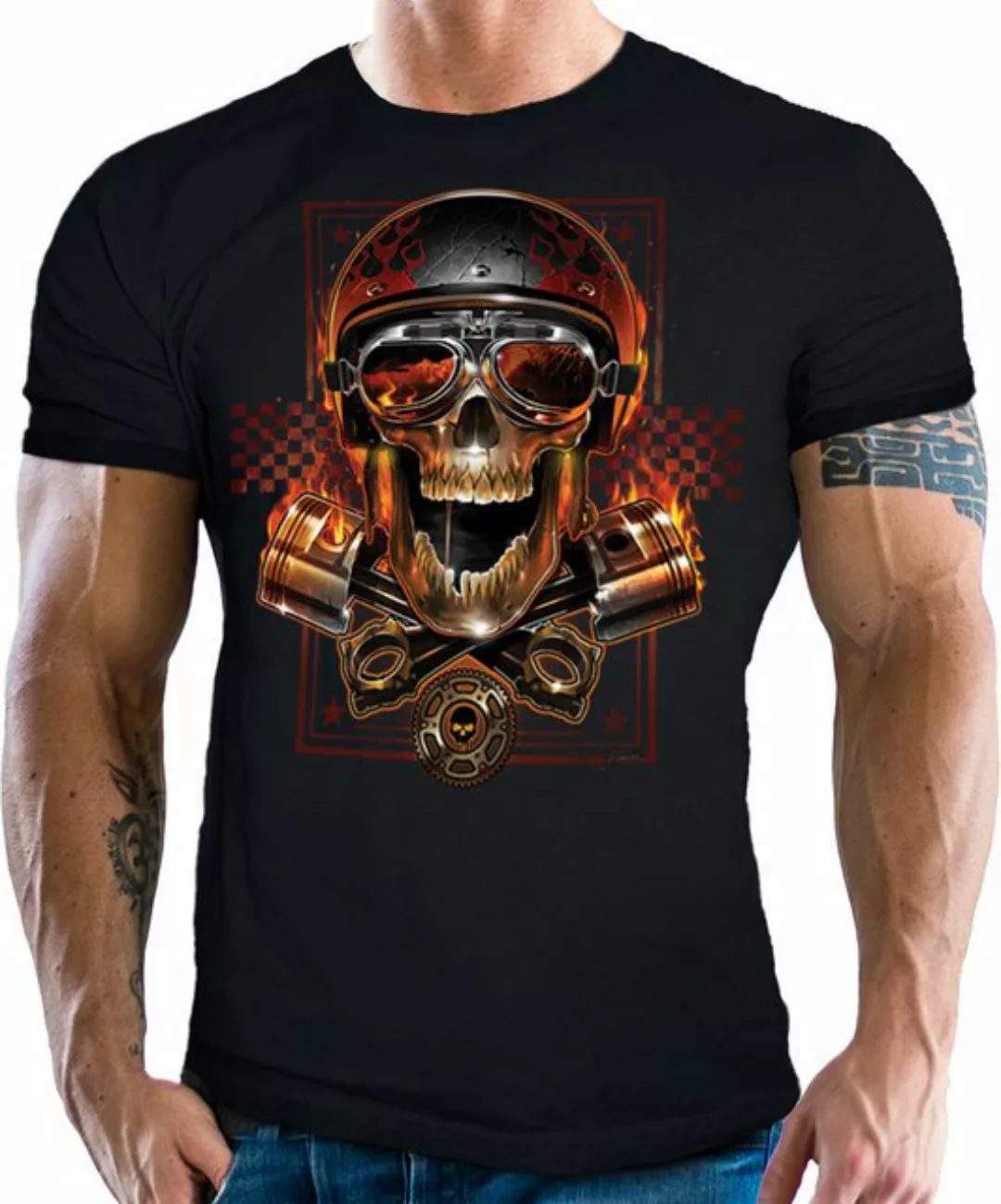 GASOLINE BANDIT® T-Shirt für Motorradfahrer und Biker: Skull and Piston günstig online kaufen