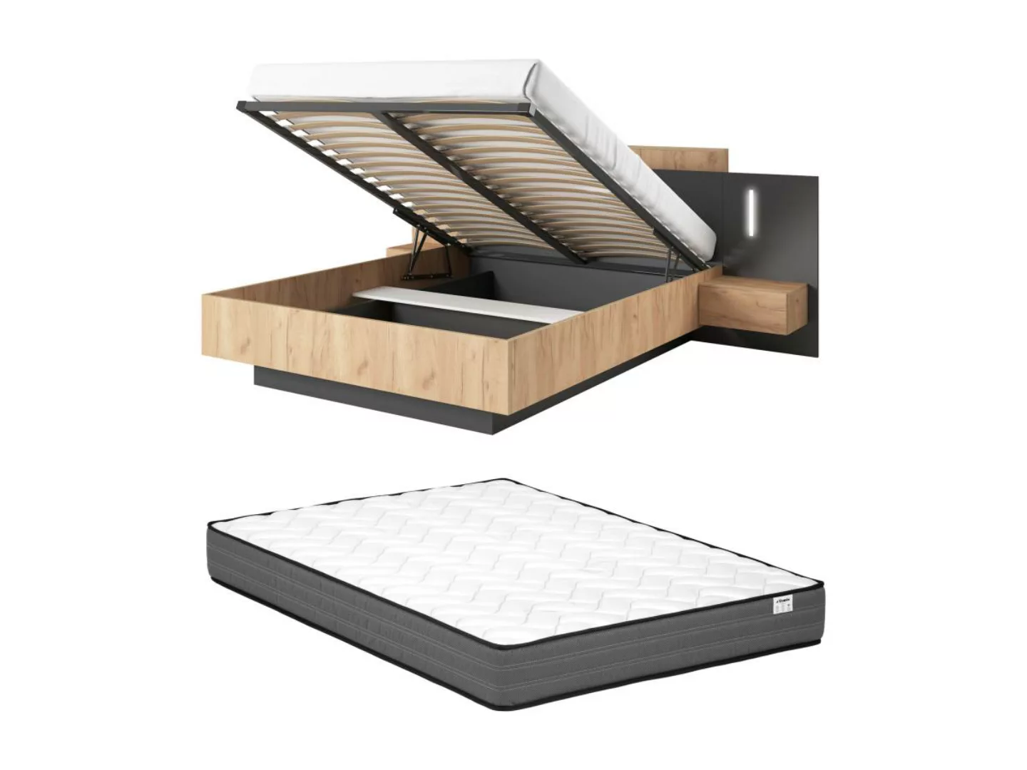 Bett mit Bettkasten mit Nachttischen - 140 x 190 cm - 2 Schubladen - Mit LE günstig online kaufen