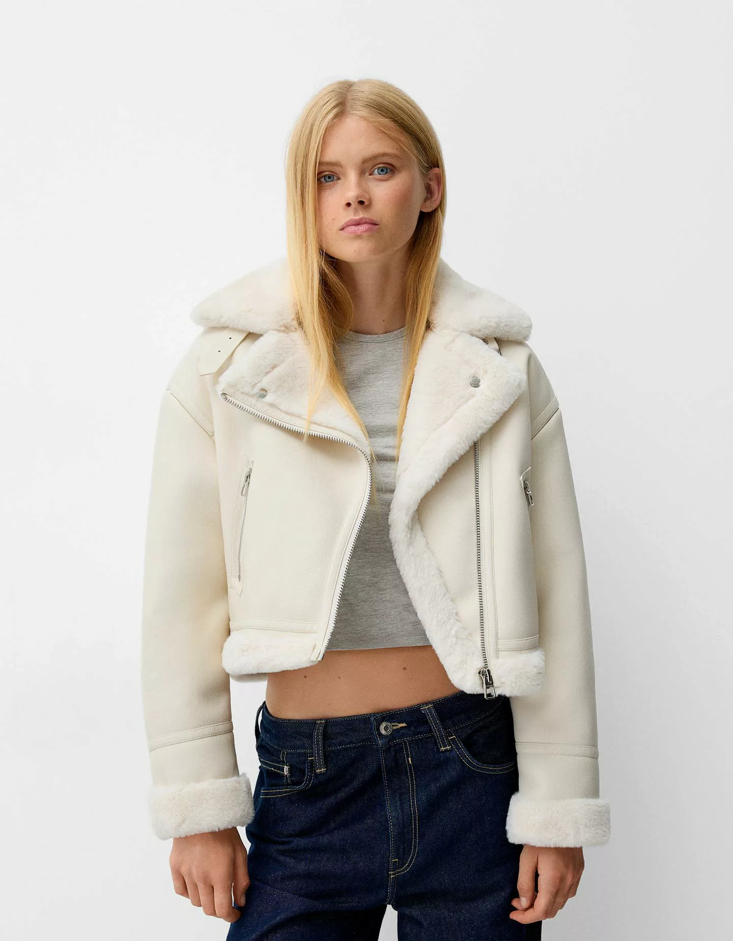 Bershka Doubleface-Bikerjacke Damen Xs Grbrochenes Weiss günstig online kaufen