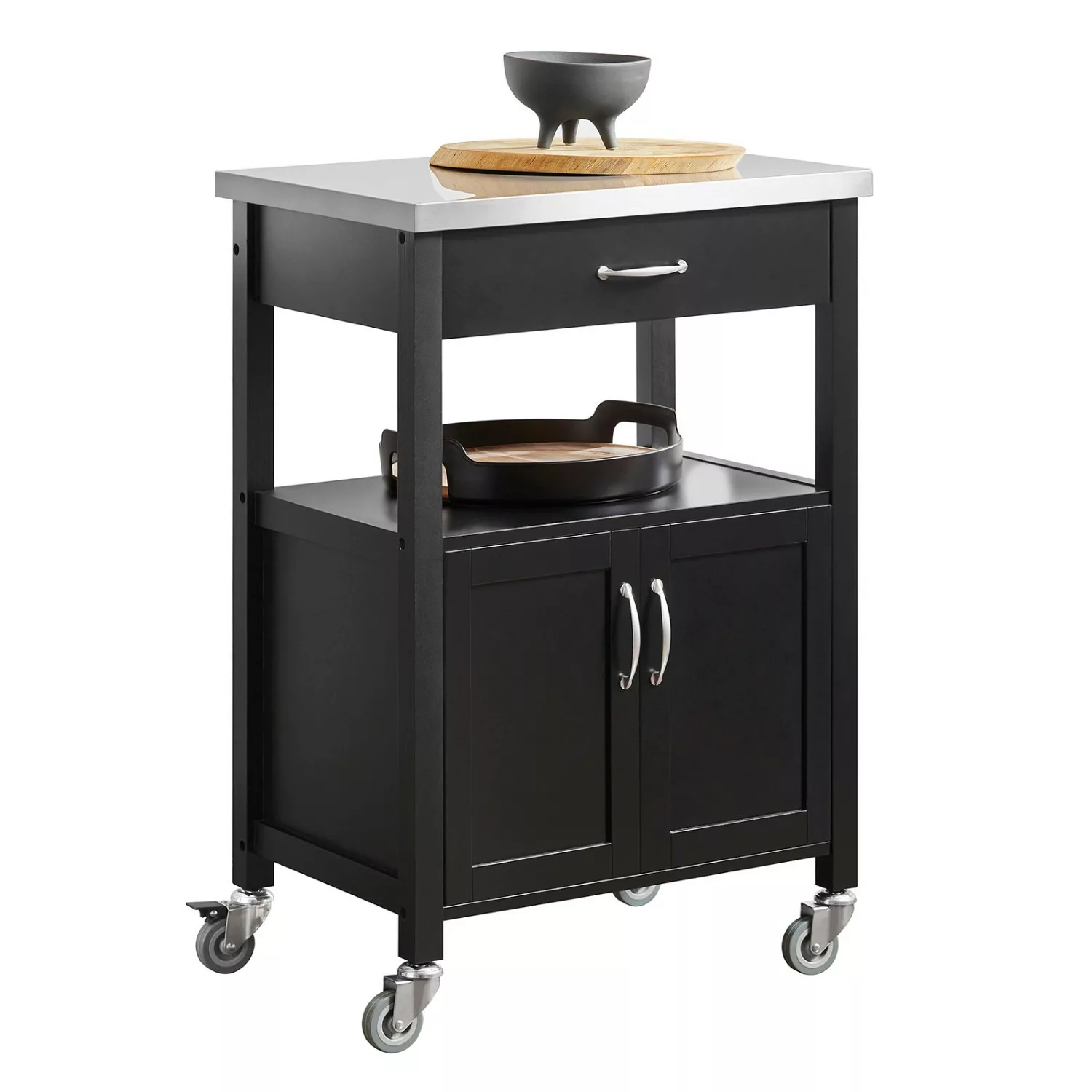 SoBuy® Küchenwagen Servierwagen aus Kautschukholz schwarz/silber günstig online kaufen