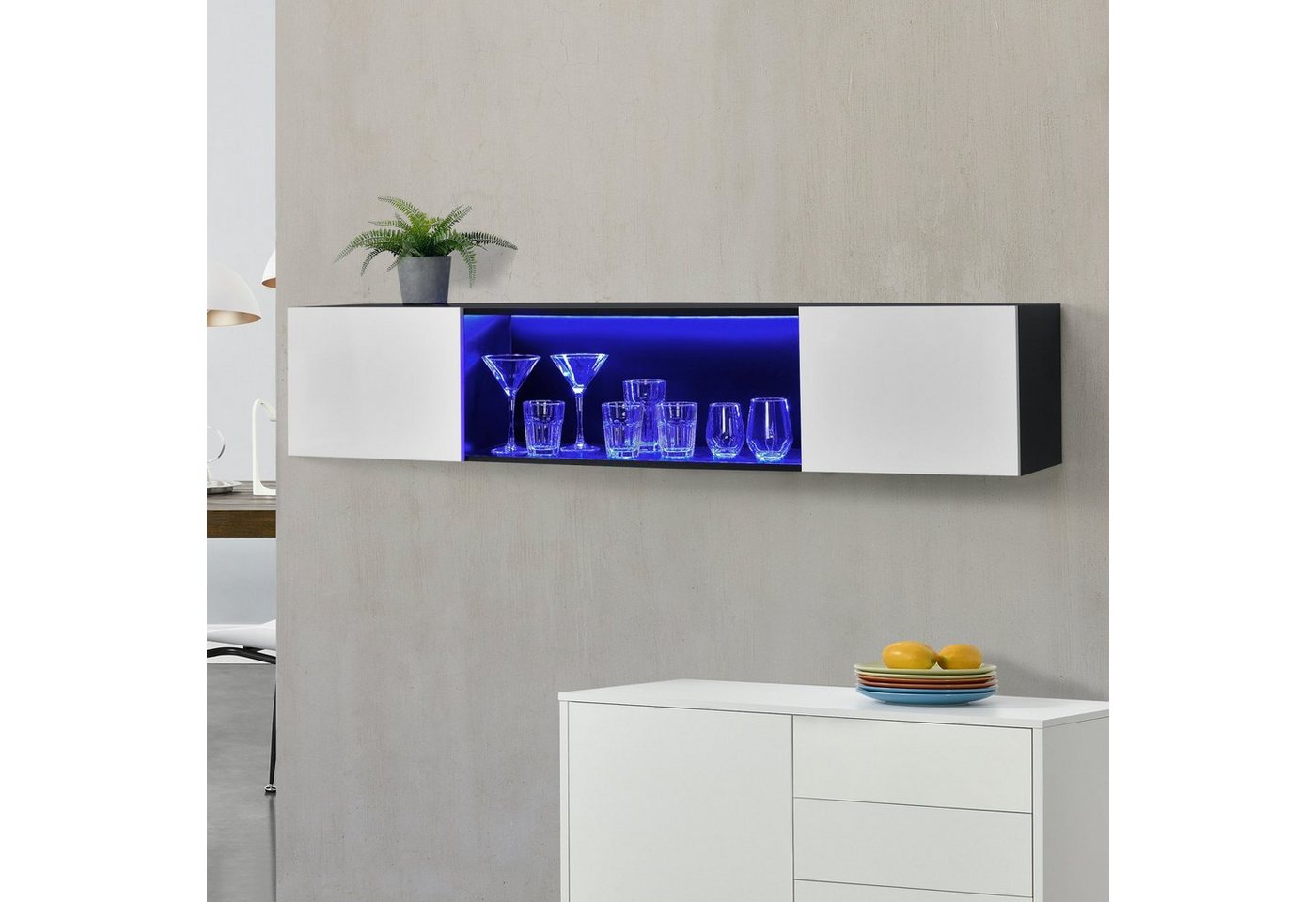 en.casa Hängeboard Hängeschrank 150x30x30cm mit LED Beleuchtung schwarz günstig online kaufen