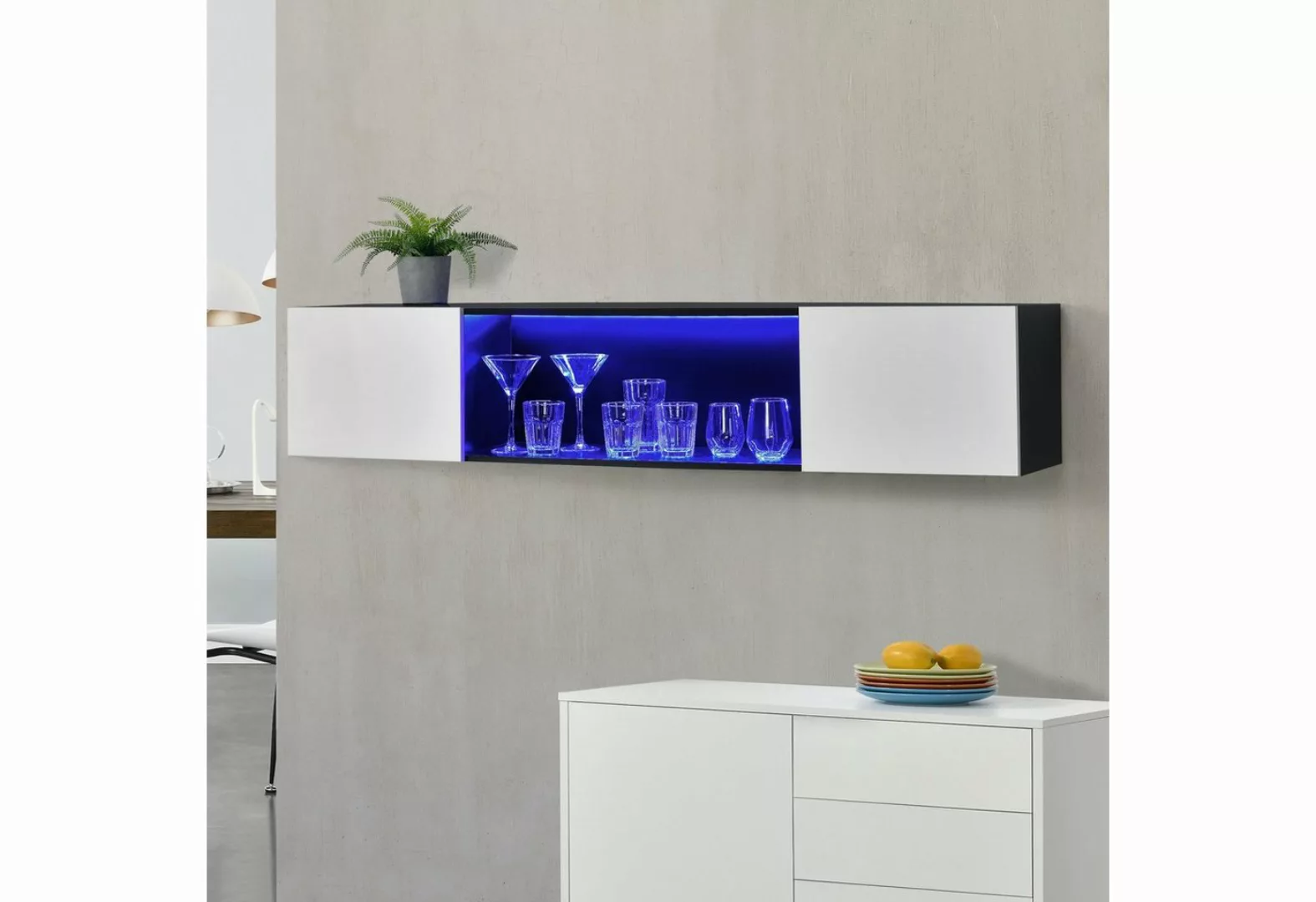 en.casa Hängeboard Hängeschrank 150x30x30cm mit LED Beleuchtung schwarz günstig online kaufen