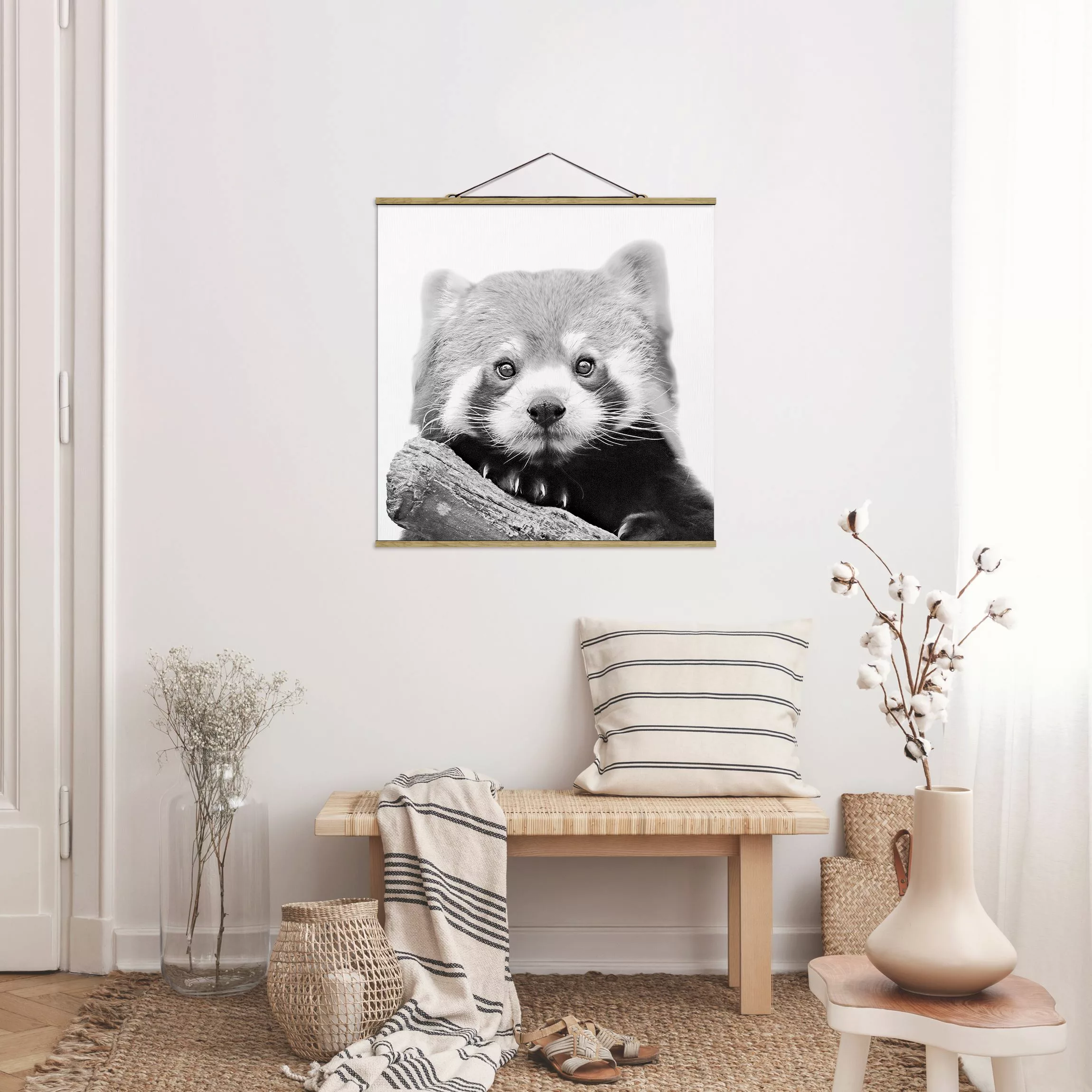 Stoffbild mit Posterleisten Roter Panda in Schwarz-weiß günstig online kaufen