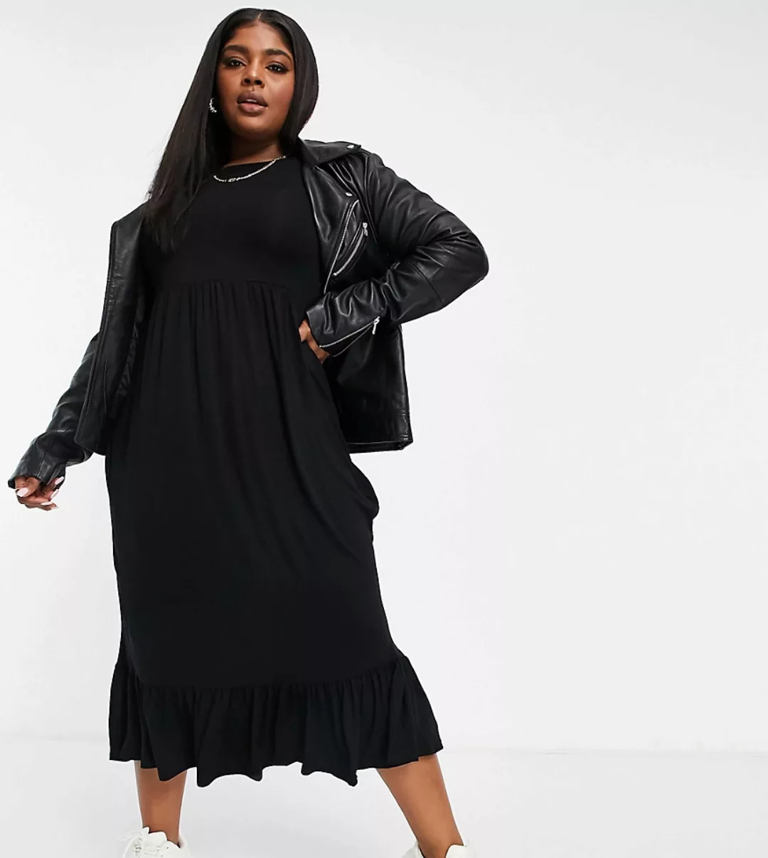 Yours – Gestuftes, mittellanges Kleid mit Puffärmeln in Schwarz günstig online kaufen