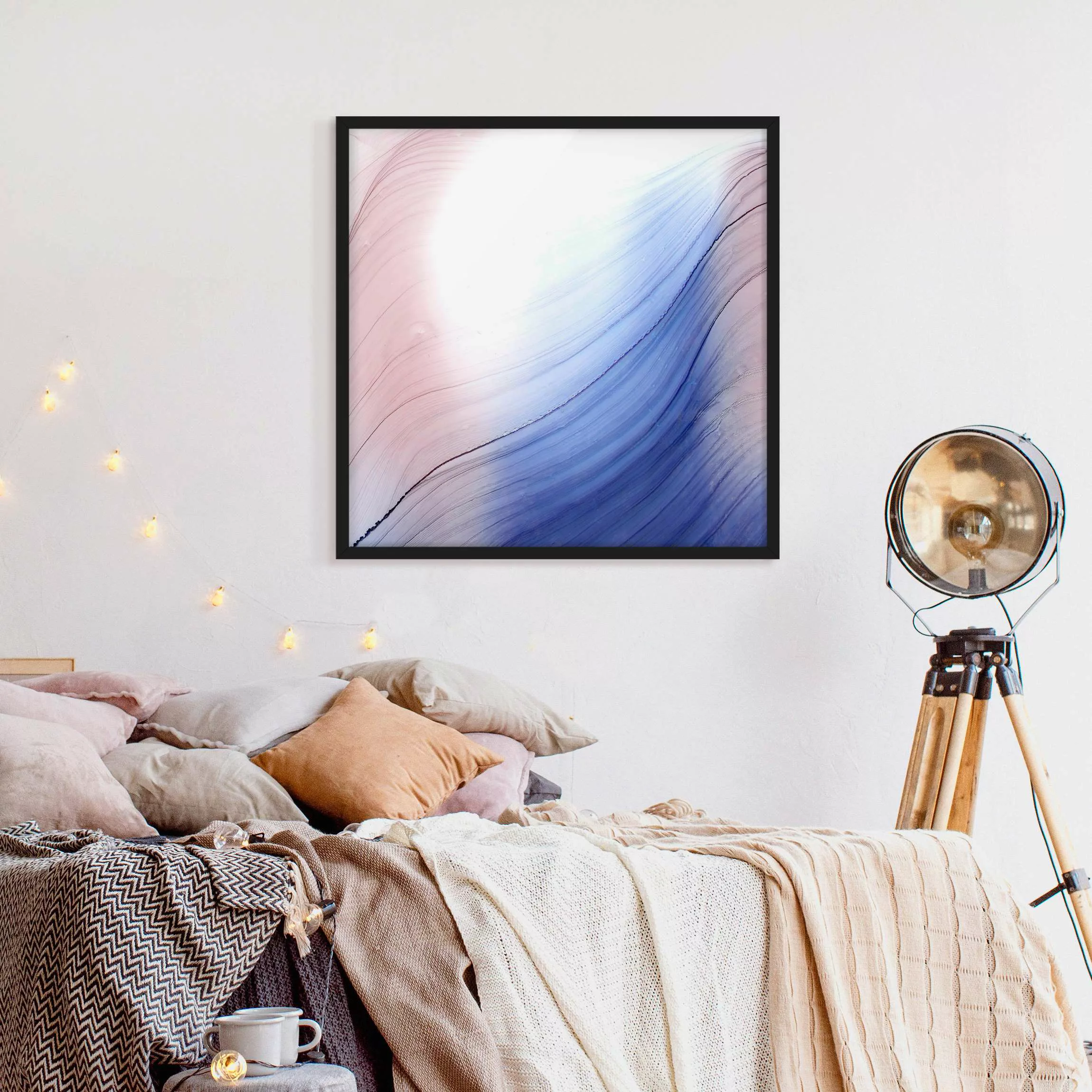 Bild mit Rahmen Melierter Farbtanz Blau mit Rosa günstig online kaufen