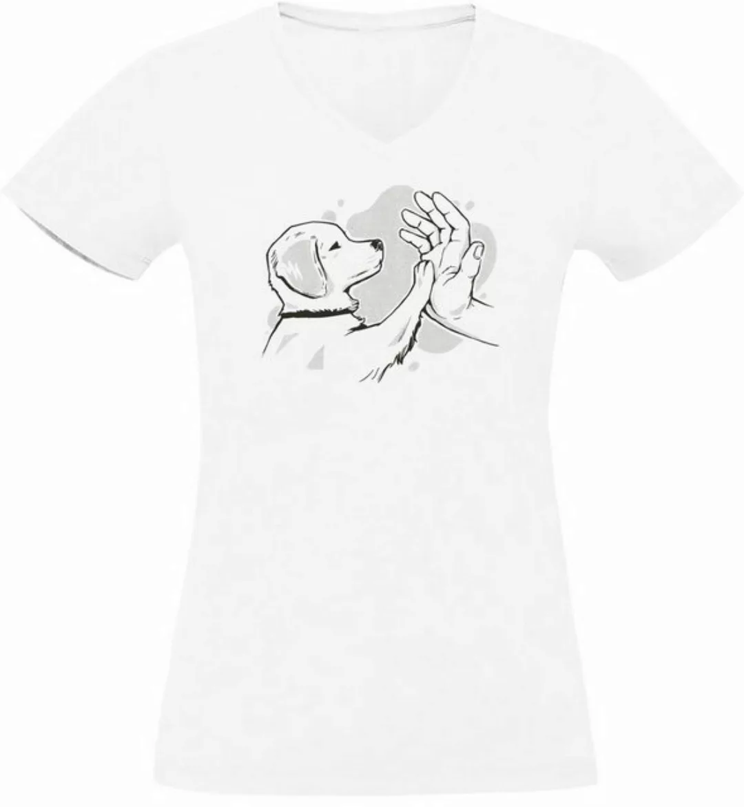 MyDesign24 T-Shirt Damen Hunde Print Shirt - Hundewelpen gibt high five V-A günstig online kaufen