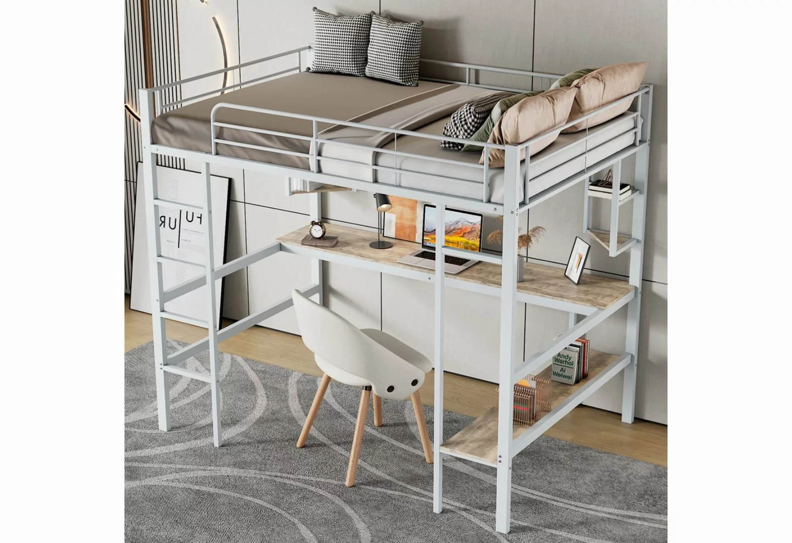 KoDise Hochbett 90x200cm Metallbett Kinderbett mit 4 Regalen und einemBüche günstig online kaufen