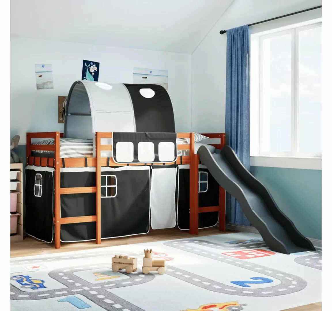 vidaXL Bett, Kinderhochbett mit Tunnel Weiß & Schwarz 90x200 cm Kiefernholz günstig online kaufen