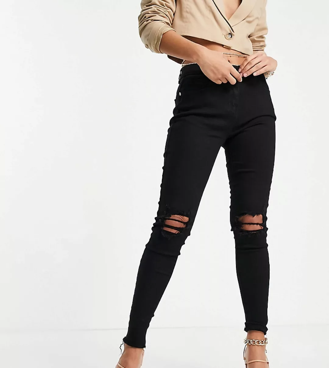 Parisian Petite – Enge Jeans in Schwarz mit Knierissen günstig online kaufen