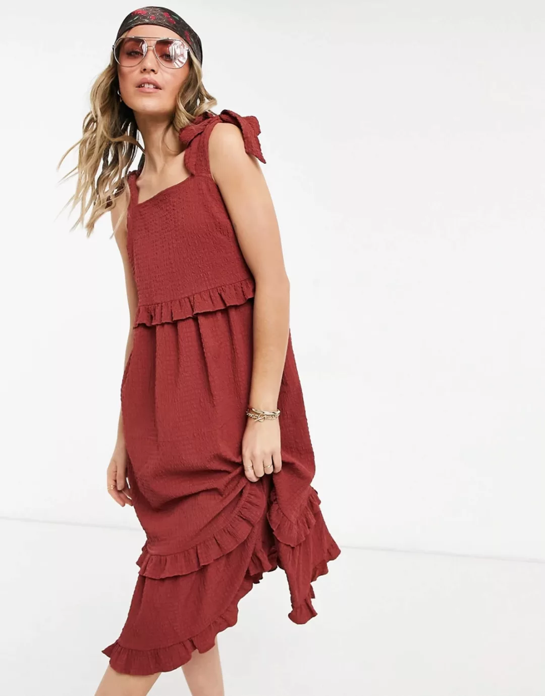 ASOS DESIGN – Strukturiertes, ausgestelltes Midi-Sommerkleid mit geschnürte günstig online kaufen