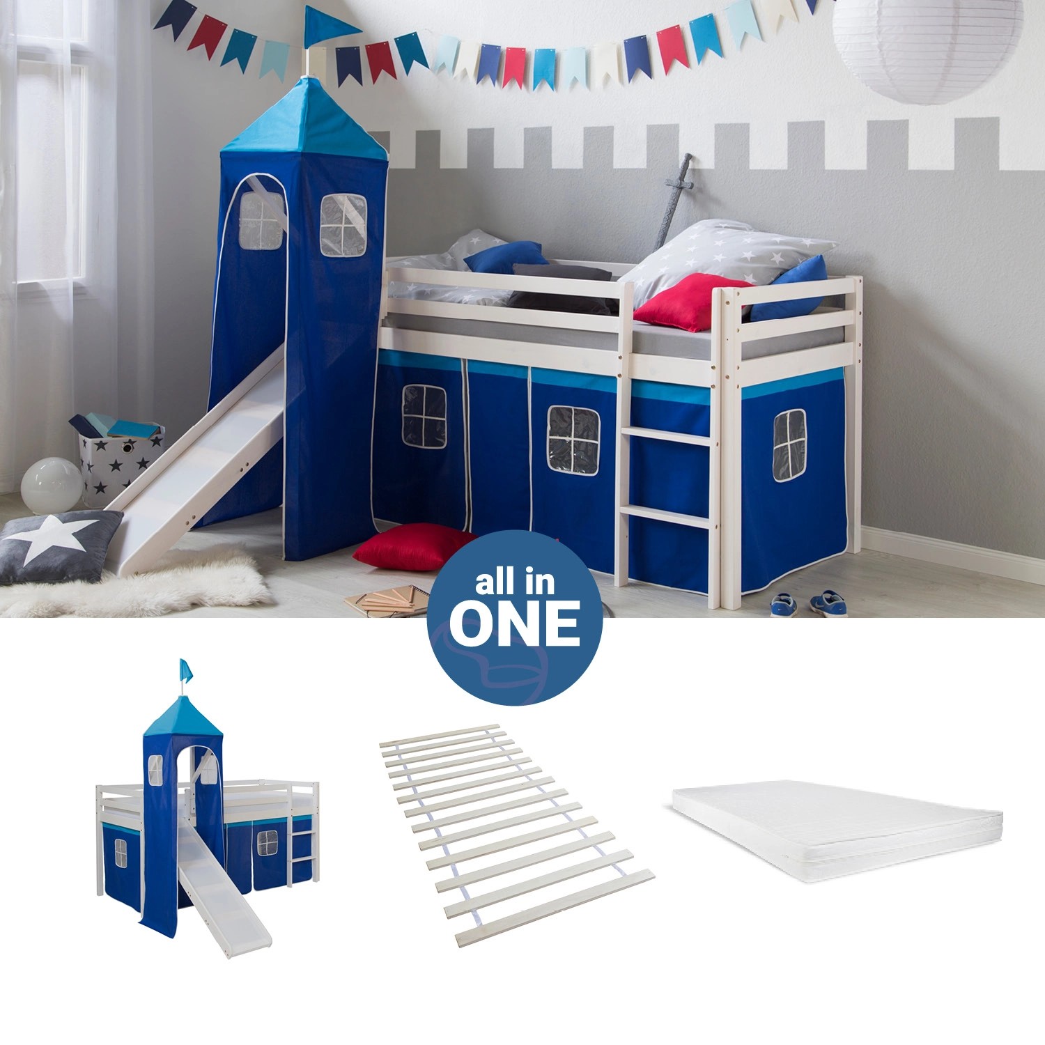 Homestyle4u Hochbett 90x200 mit Vorhang Lattenrost Matratze Rutsche Turm in günstig online kaufen