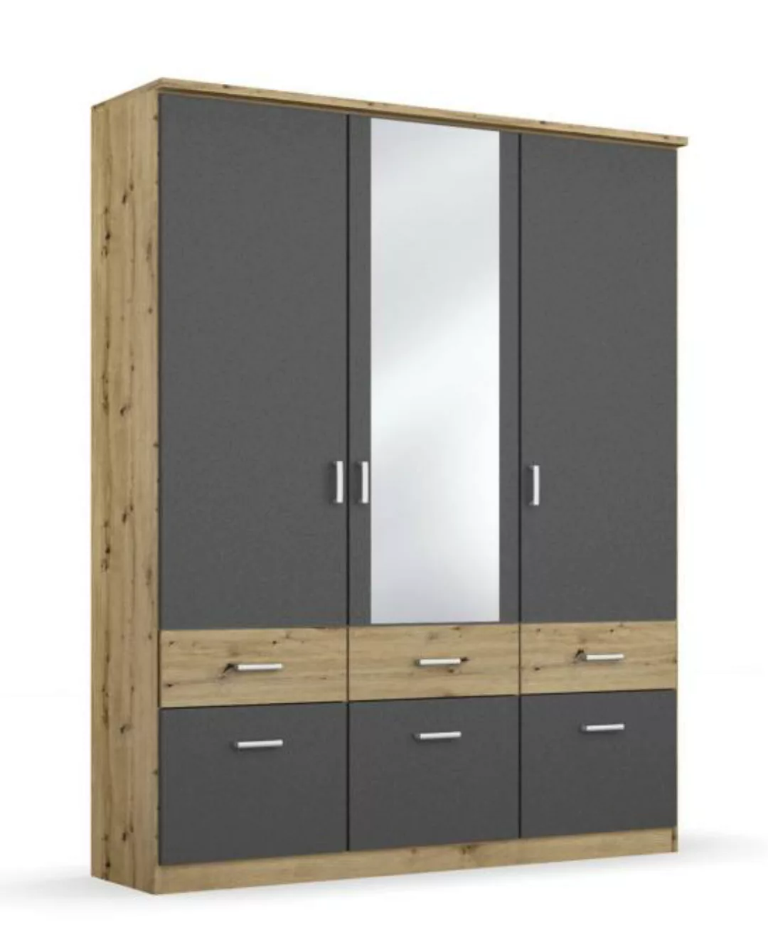 Drehtürenschrank mit Schubladen und Spiegel 136 cm breit Eiche Artisan / Gr günstig online kaufen