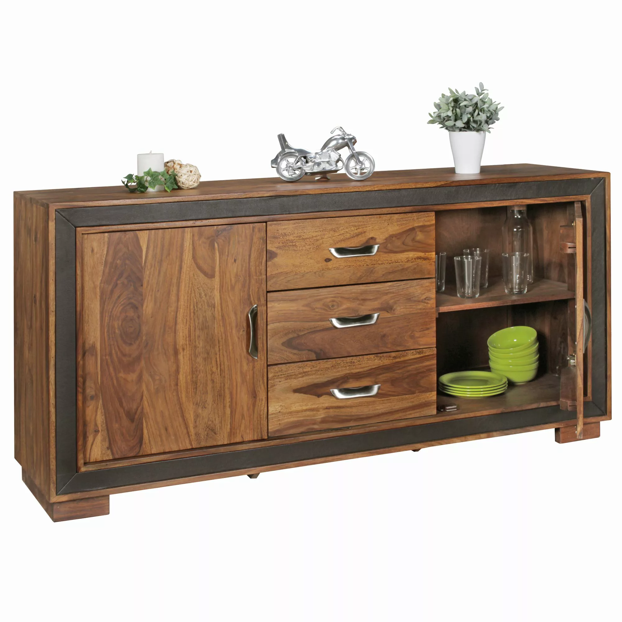 Design Sideboard Sheesham Massivholz mit Kunstleder 160x44x80 cm | Anrichte günstig online kaufen