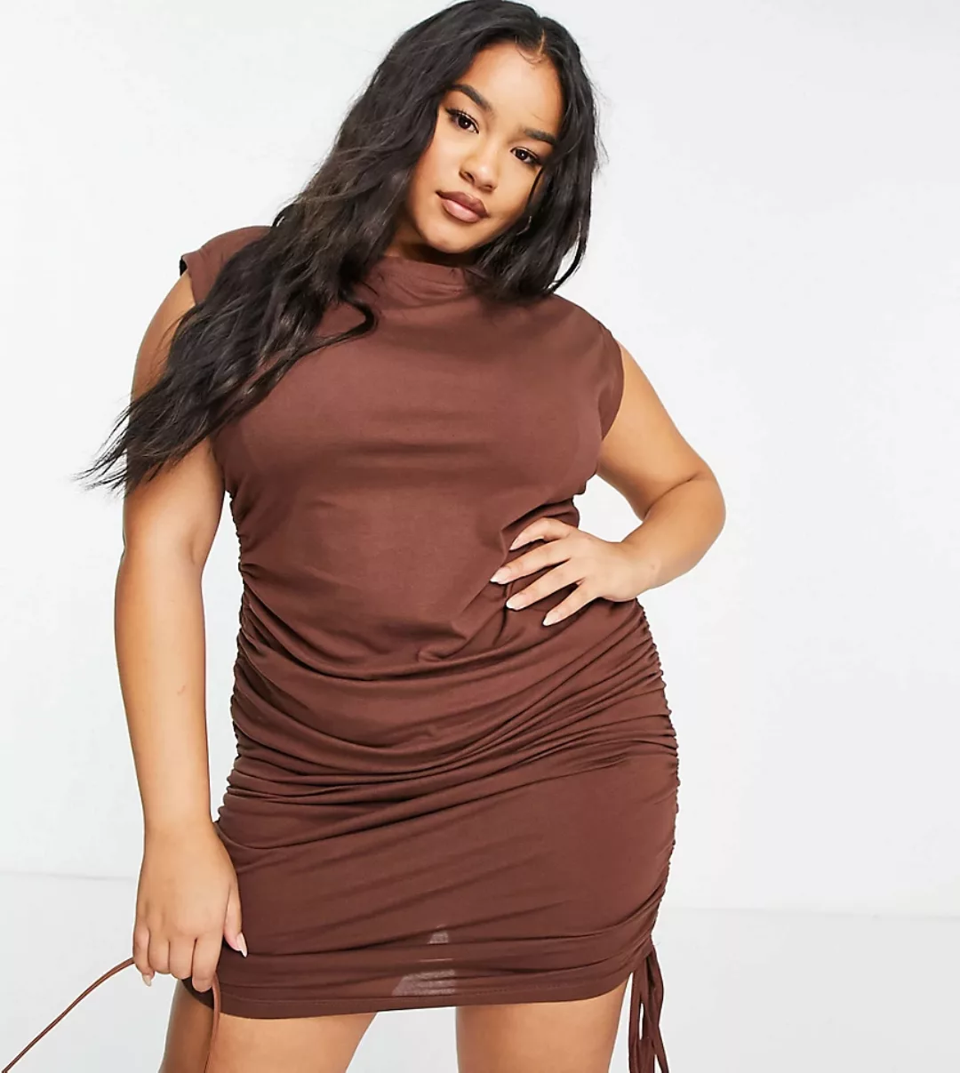 Missguided Plus – Minikleid in Schokoladenbraun mit seitlicher Raffung günstig online kaufen