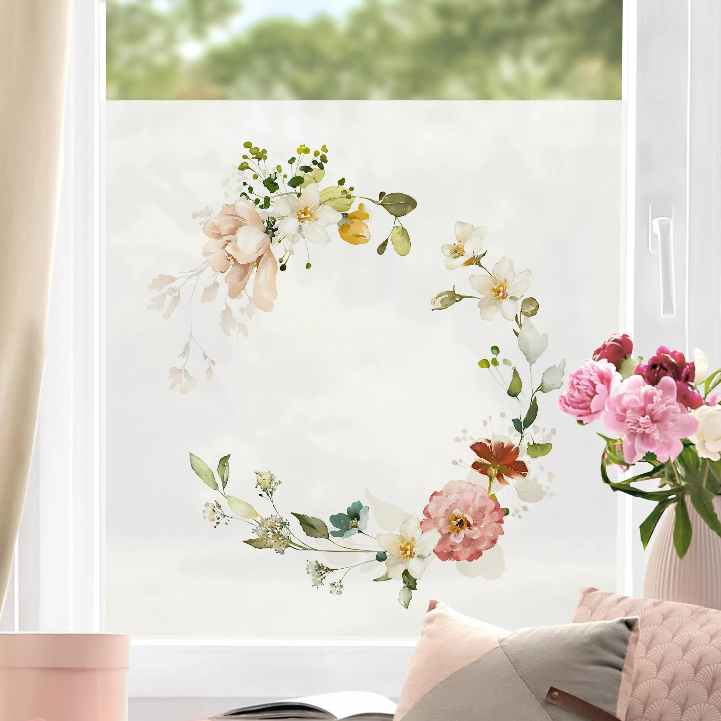 Fensterfolie Zarter Aquarell Blütenkranz günstig online kaufen
