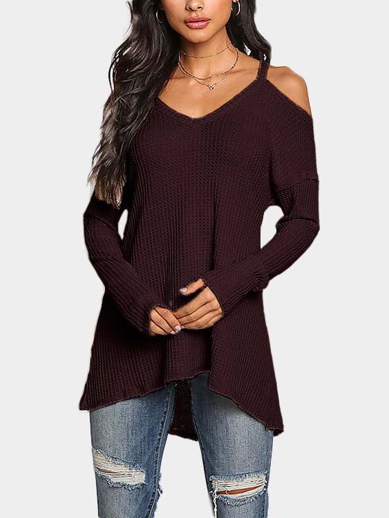 Burgunder Cold Shoulder Long Sleeves Strickoberteil günstig online kaufen