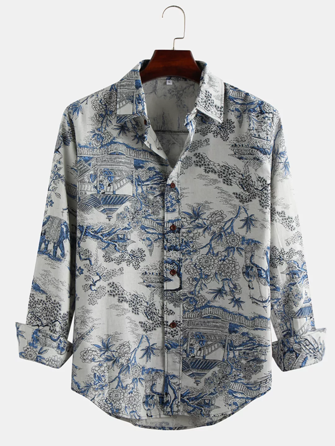 Mens chinesischen Stil Vintage Landschaftsmalerei Langarm Casual Printed Sh günstig online kaufen