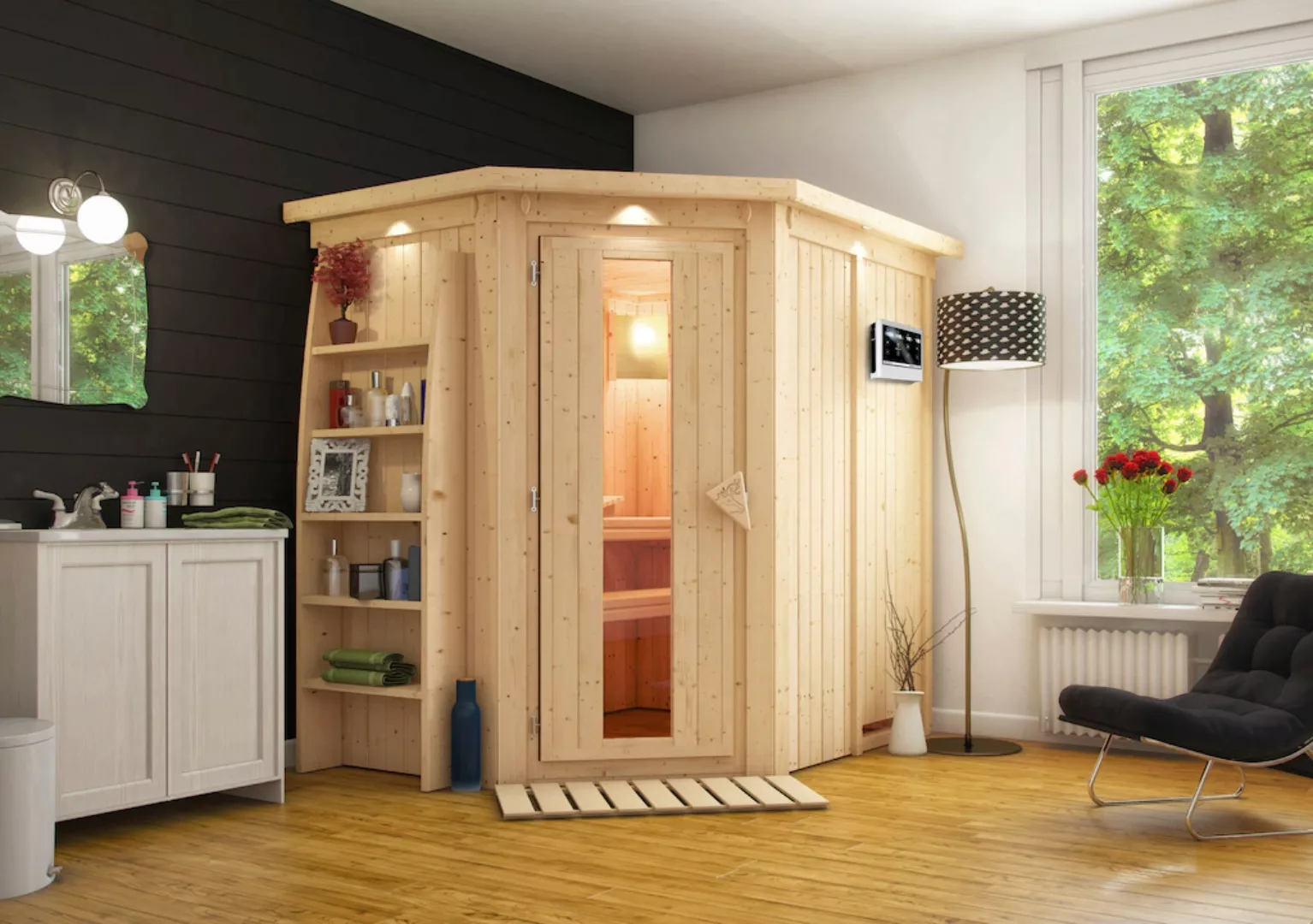 Karibu Sauna »Cellin«, (Set), 3,6-kW-Plug & Play BIO-Ofen mit ext. Steuerun günstig online kaufen