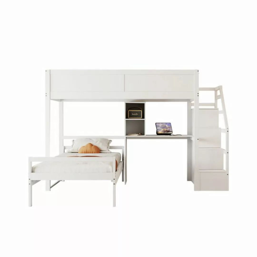 Flieks Etagenbett, Massivholz Kinderbett 90x200cm mit Stauraumtreppe und Sc günstig online kaufen