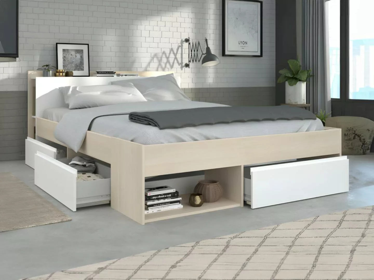 Bett mit Stauraum & Schubladen verstellbar - 140 x 190 cm bis 200 cm - Natu günstig online kaufen
