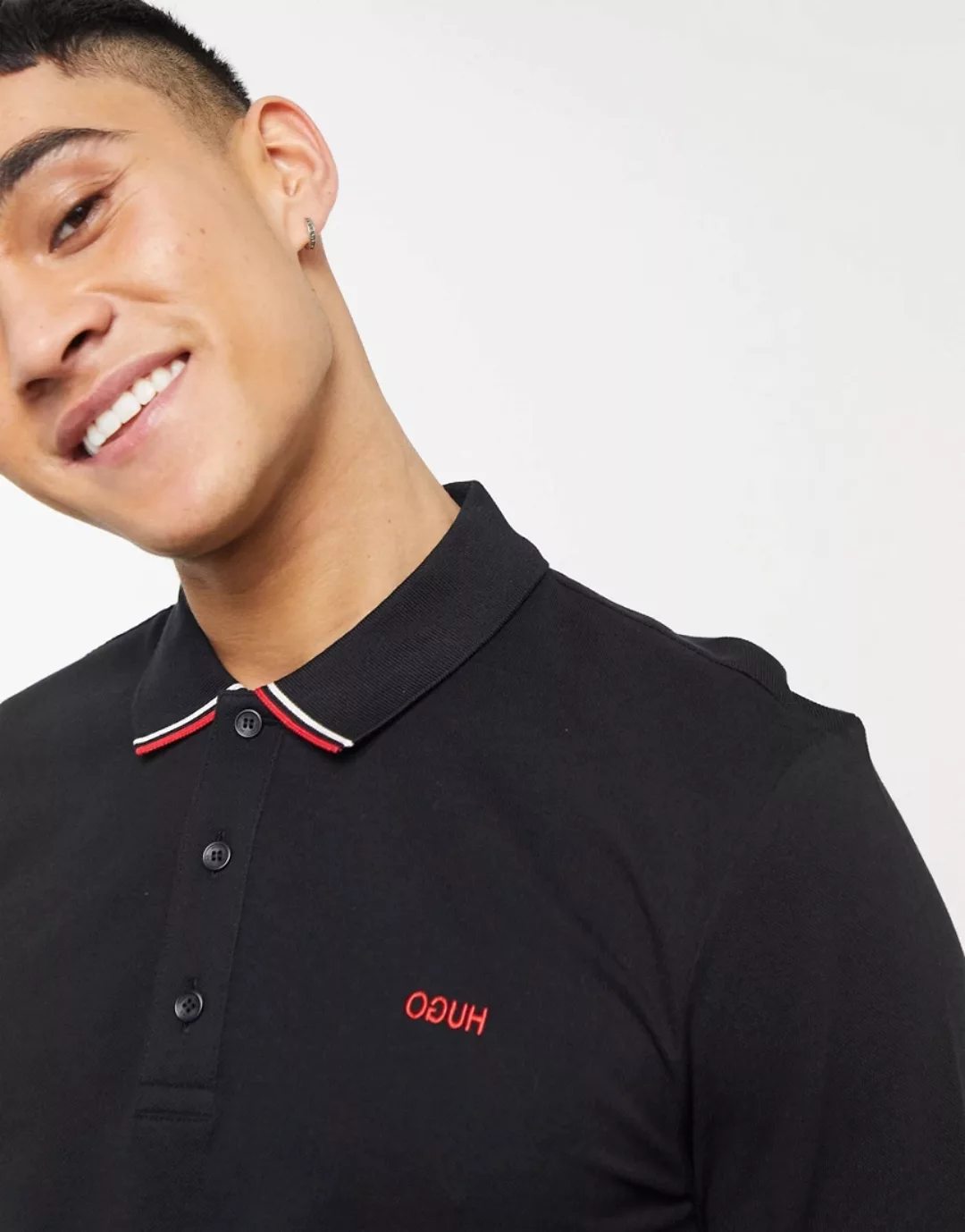 HUGO – Donol211 – Langärmliges Polohemd in Schwarz günstig online kaufen