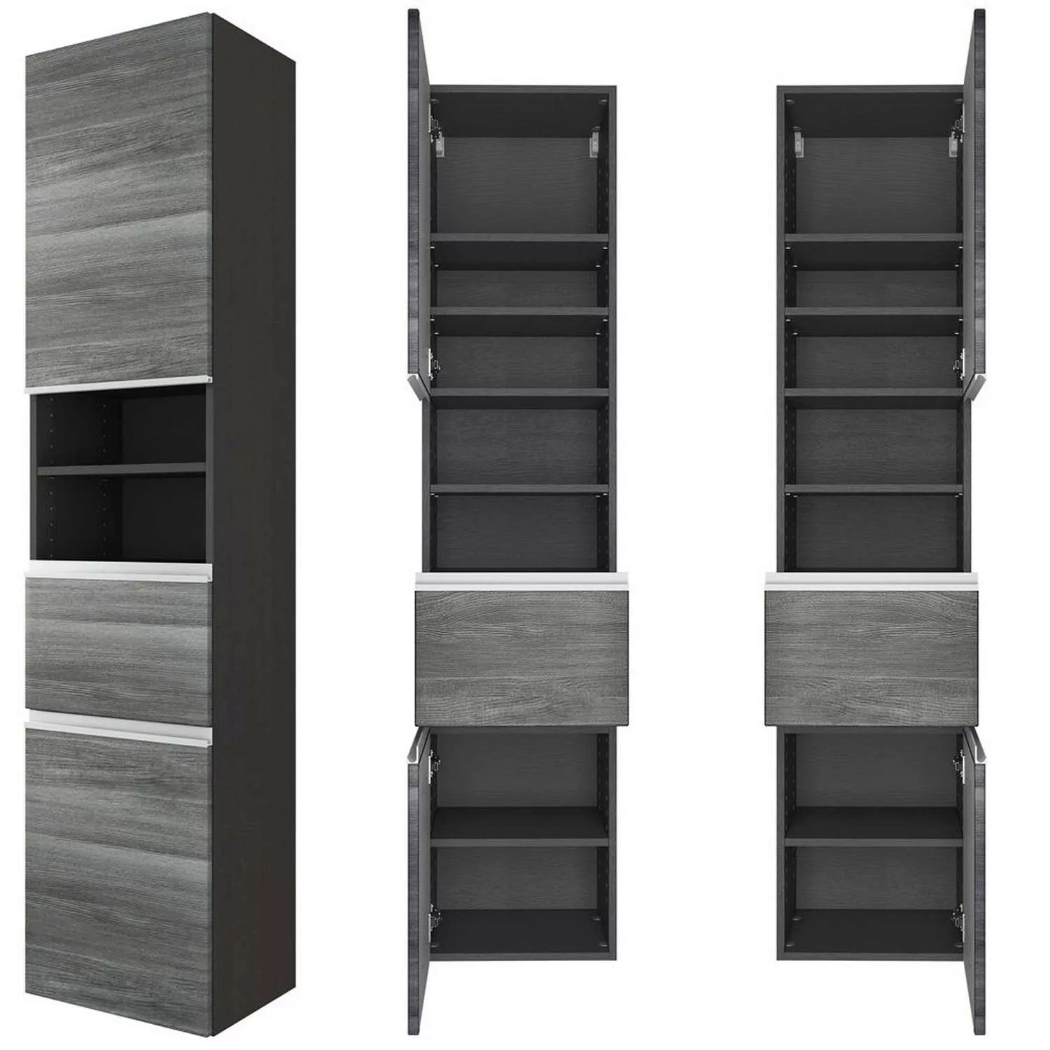 Badezimmer Hochschrank 40cm in Eiche rauchsilber APIA-03 mit 2 gedämpften T günstig online kaufen