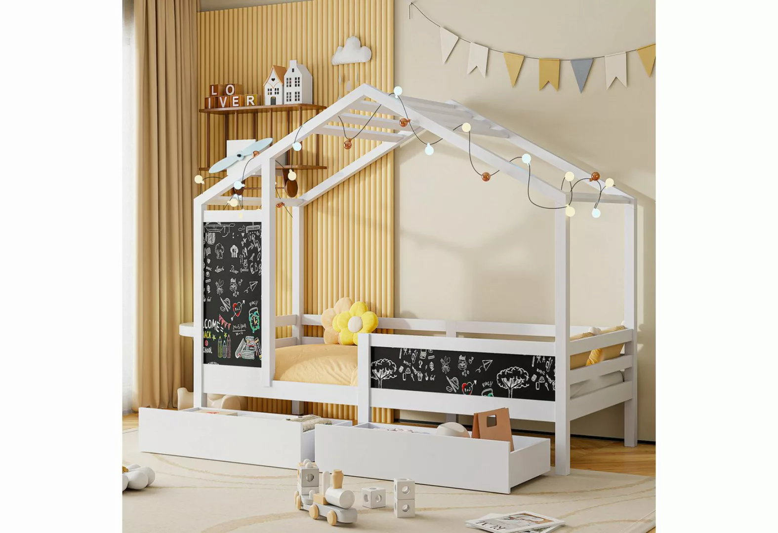 FUROKOY Spielbett Hausbett Kinderbett 90x200cm, Bett aus Kiefernholz (mit 2 günstig online kaufen