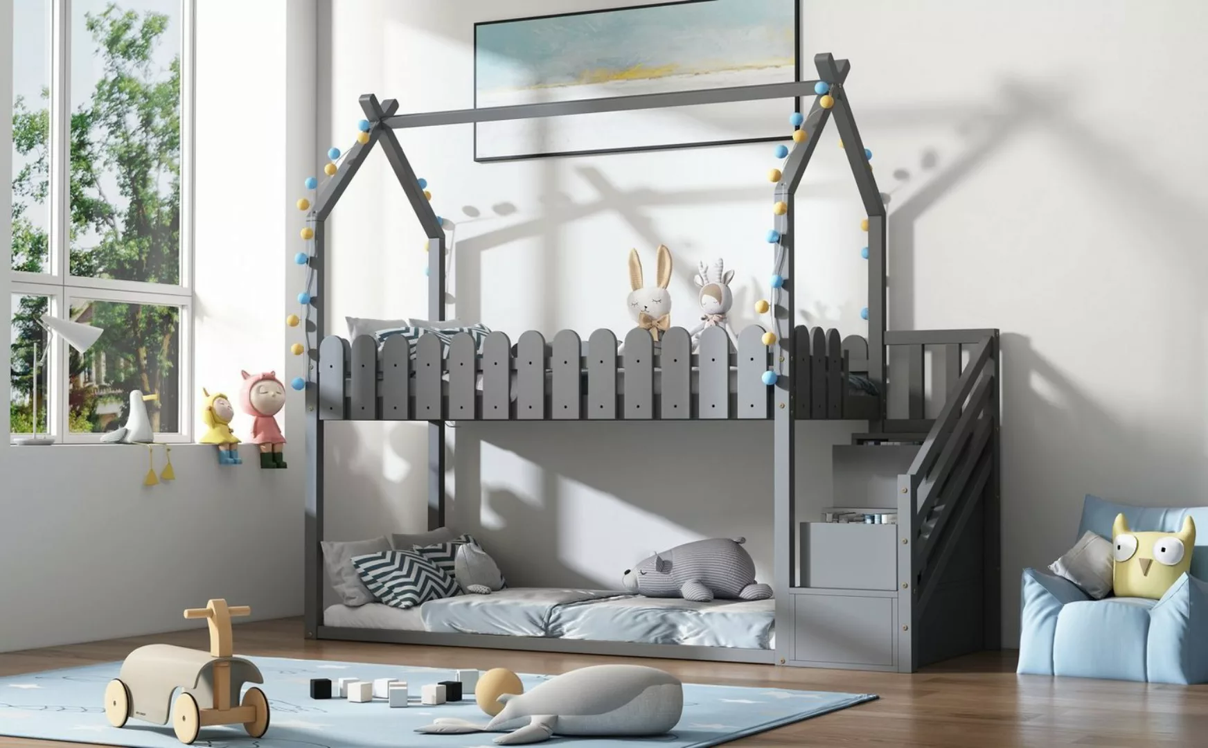 WISHDOR Kinderbett Jugendbett Doppelbett (ohne Matratze), mit 3 Treppe, mit günstig online kaufen