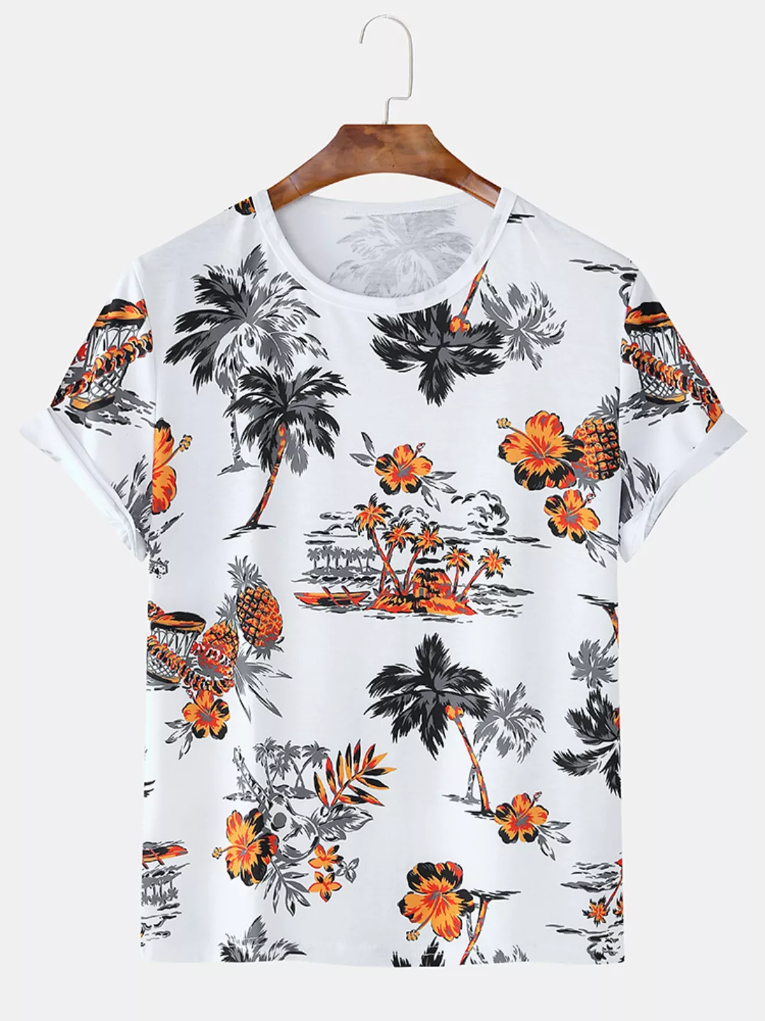 Tropical Flower & Fruit Printed Kurzarm-Blumen-T-Shirt für Herren günstig online kaufen