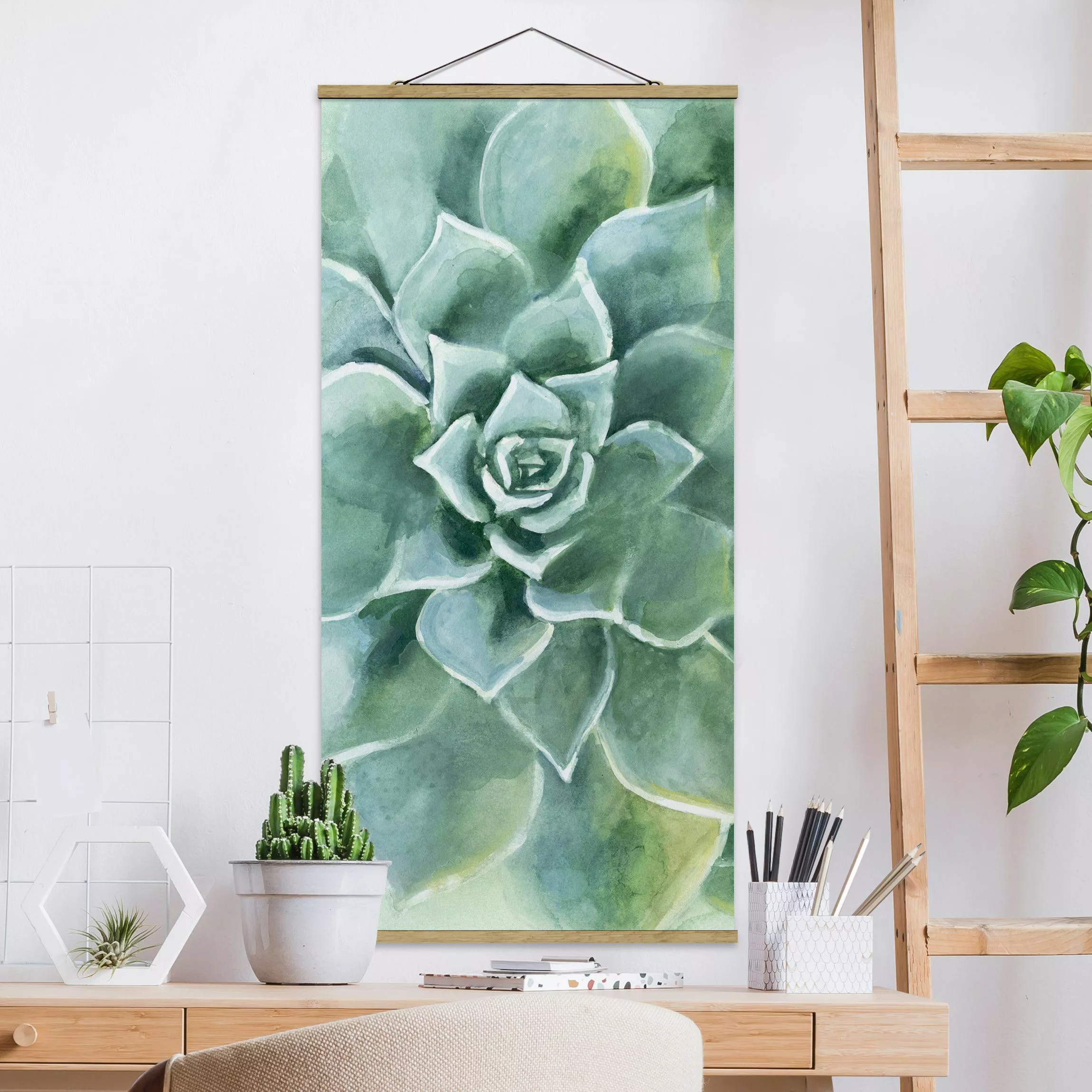 Stoffbild Blumen mit Posterleisten - Hochformat Sukkulente Aquarell Dunkel günstig online kaufen