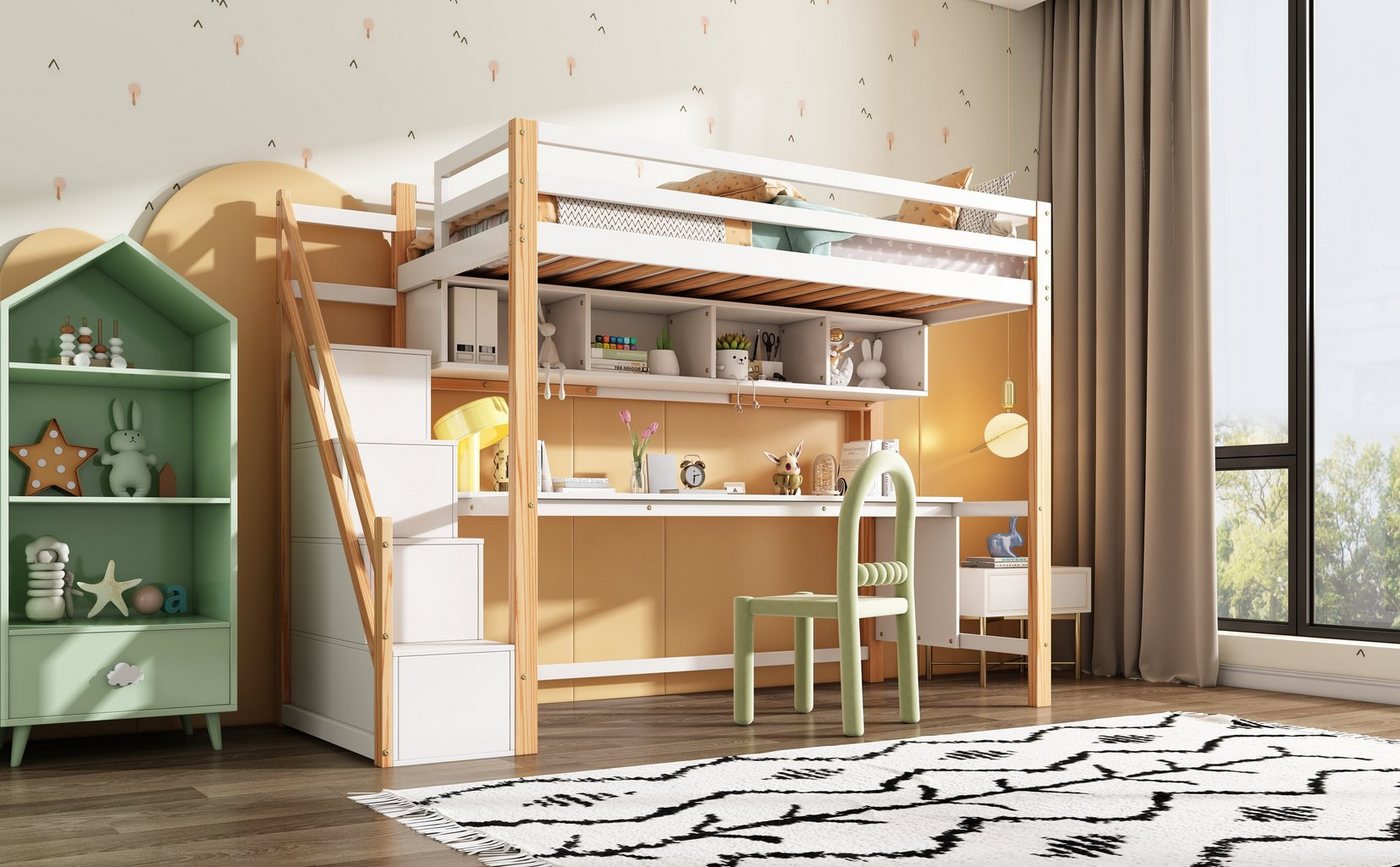 Ulife Hochbett Kinderbett Etagenbett mit Schreibtisch und Treppe Kiefer 90x günstig online kaufen