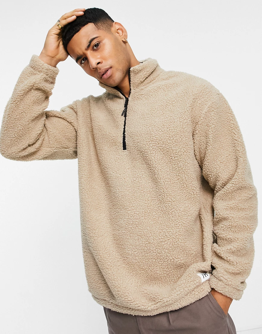 Selected Homme – Oversize-Sweatshirt aus Teddystoff in Beige mit kurzem 1/4 günstig online kaufen