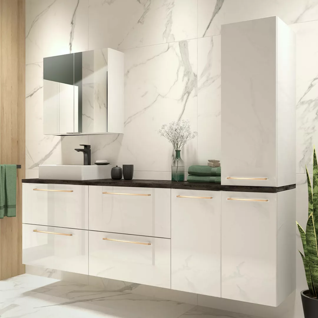 Lomadox Badezimmer Set in weiß Hochglanz mit Waschtischplatte in Beton Dunk günstig online kaufen