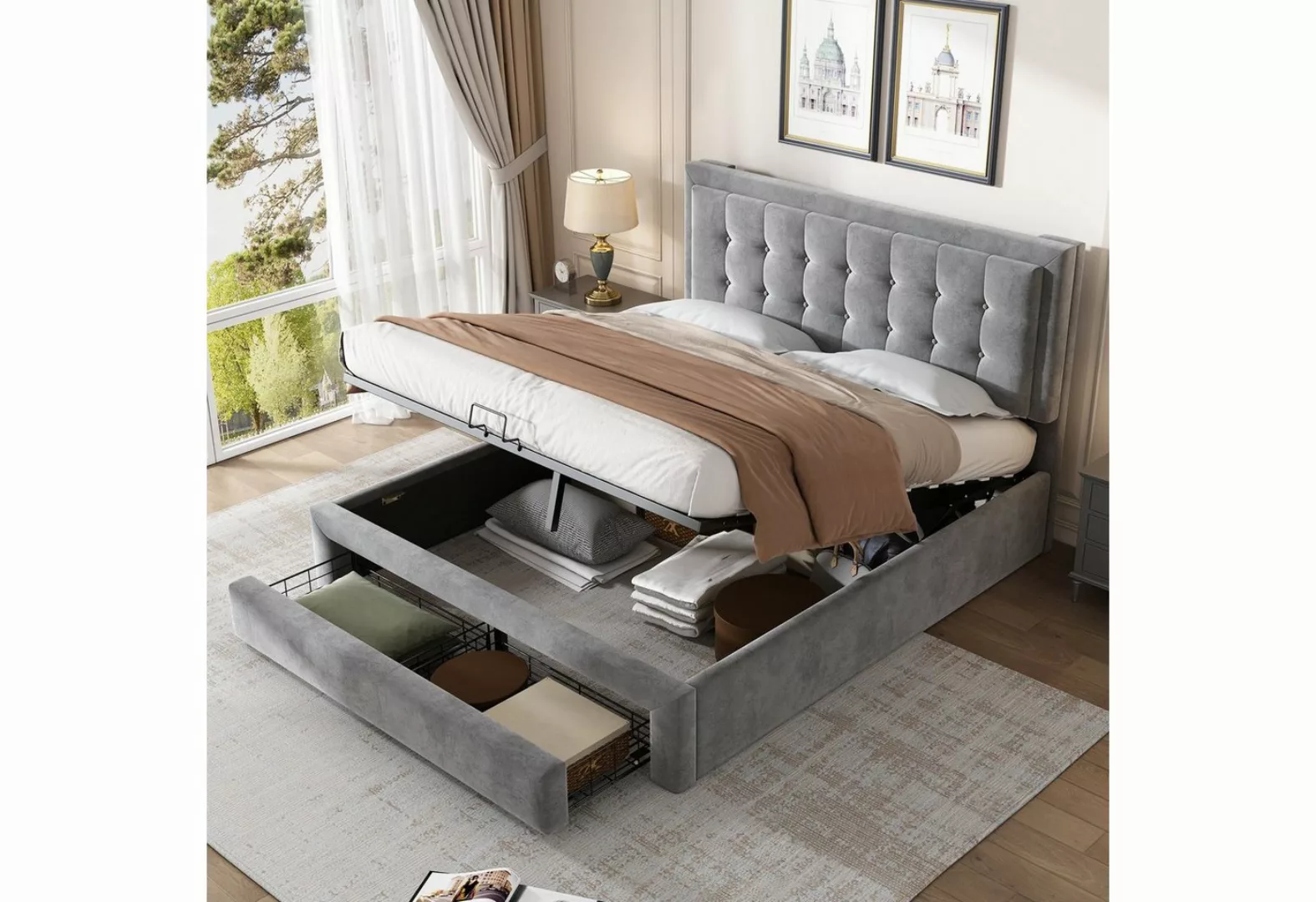 MODFU Polsterbett Doppelbett (Doppelbett, mit 2 Schubladen, Holzlattenunter günstig online kaufen