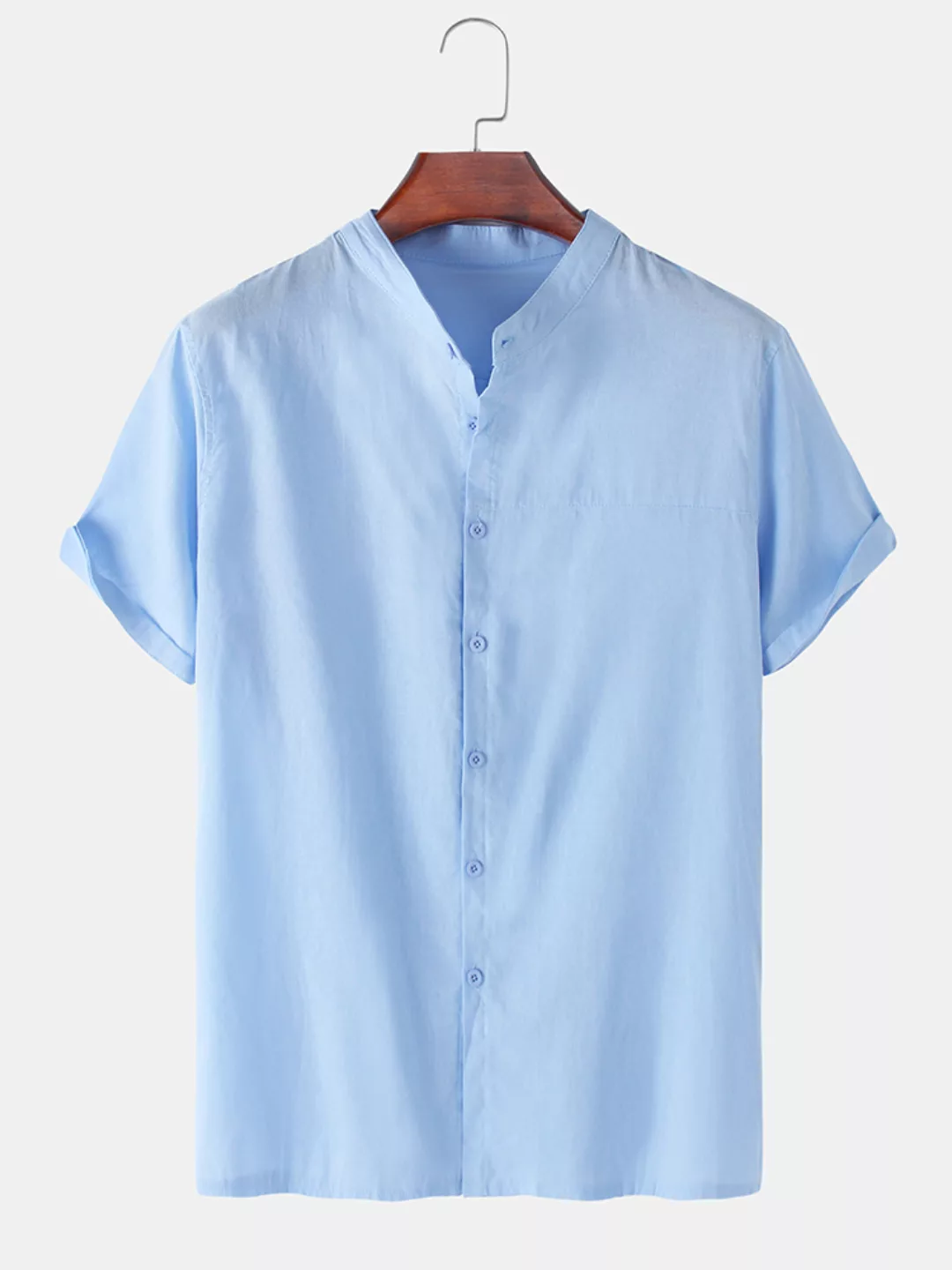 Herren einfarbig Baumwolle Leinen Stehkragen lose lässige Kurzarmhemden günstig online kaufen
