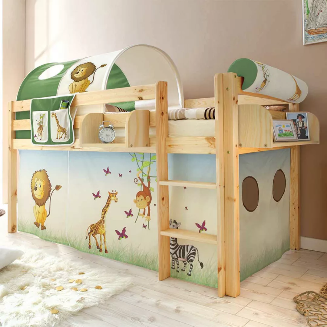 Halbhohes Kinderbett im Zootier Design Tunnel und Vorhang günstig online kaufen