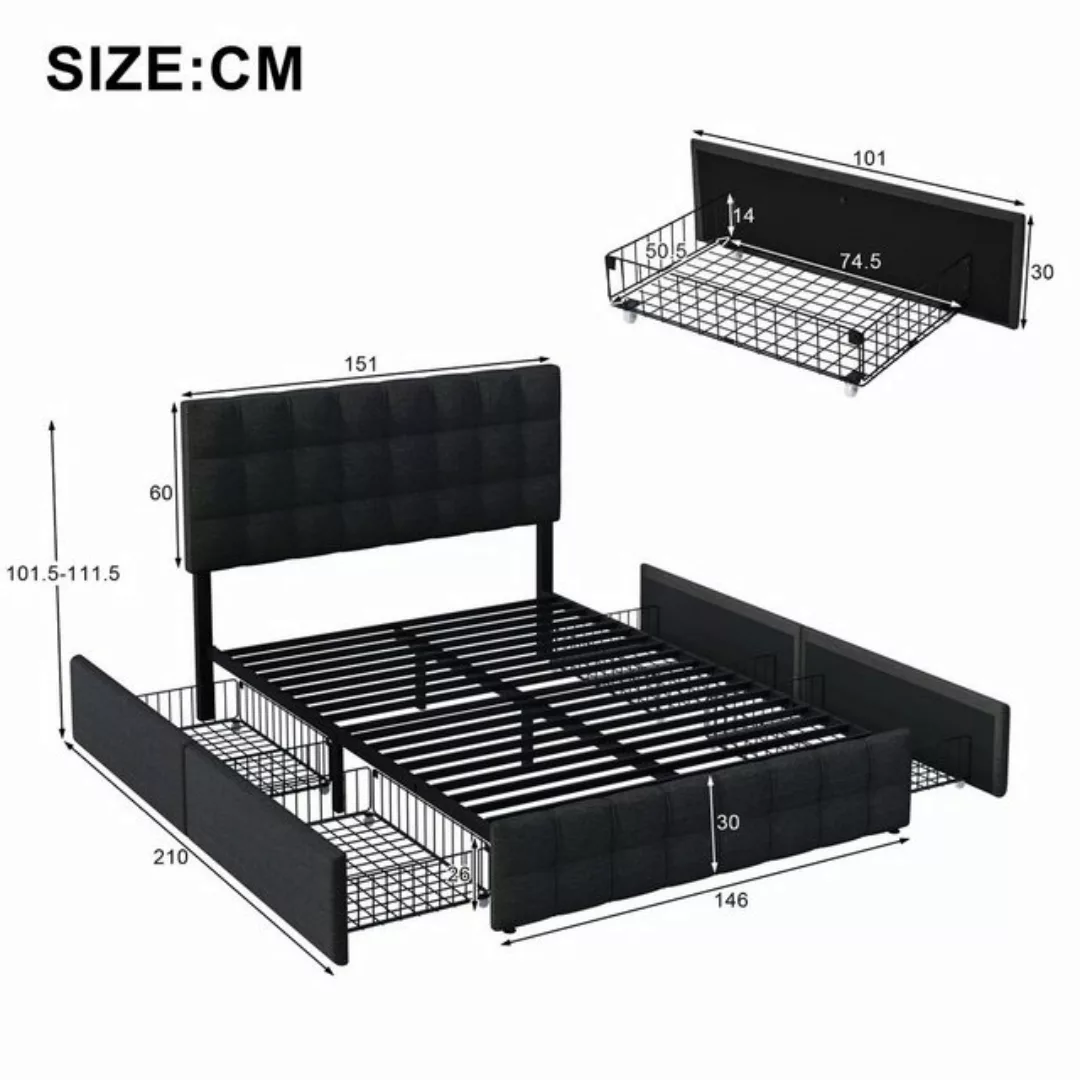 WISHDOR Polsterbett Doppelbett Bett Funktionsbett mit 4 Schubladen Matratze günstig online kaufen