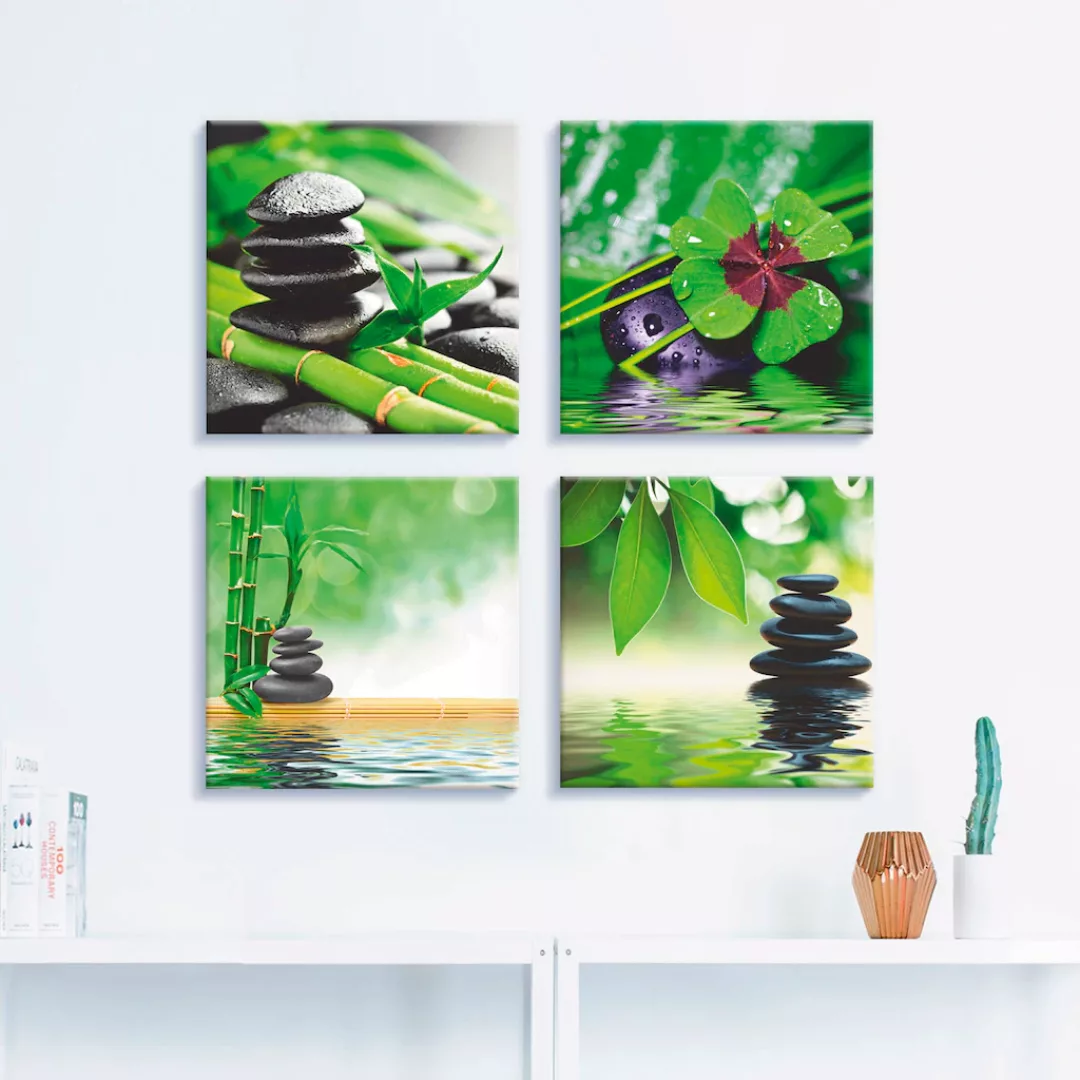 Artland Leinwandbild "Glücksklee Zen Steinpyramide Wasser", Zen, (4 St.), 4 günstig online kaufen