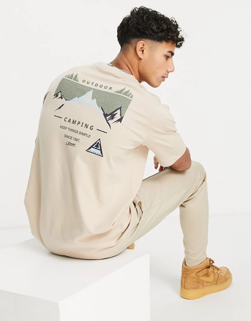 Selected Homme – Oversize-T-Shirt aus Bio-Baumwollmix in Sand mit „Camping“ günstig online kaufen