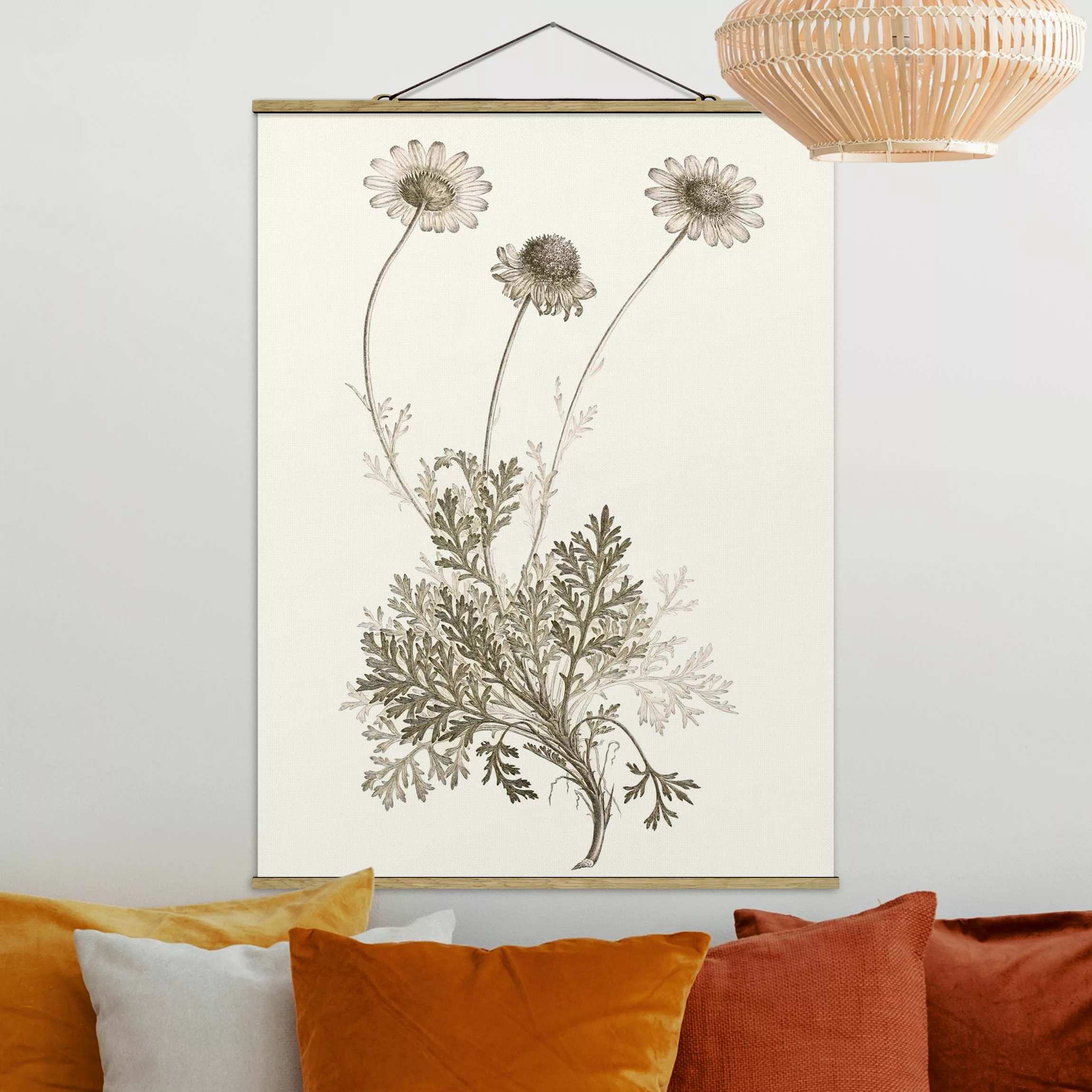 Stoffbild Blumen mit Posterleisten - Hochformat Botanische Studie in Sepia günstig online kaufen