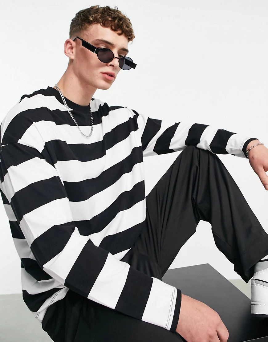 ASOS DESIGN – Langärmliges, gestreiftes Oversize-Shirt in Schwarz und Weiß günstig online kaufen