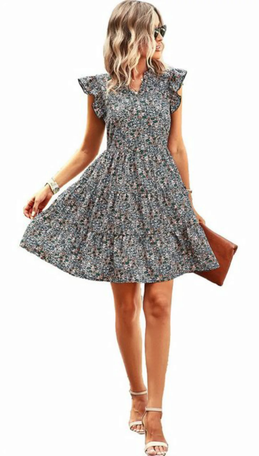 ZWY Druckkleid Bedrucktes Kleid mit V-Ausschnitt, lässiges Damenkleid günstig online kaufen