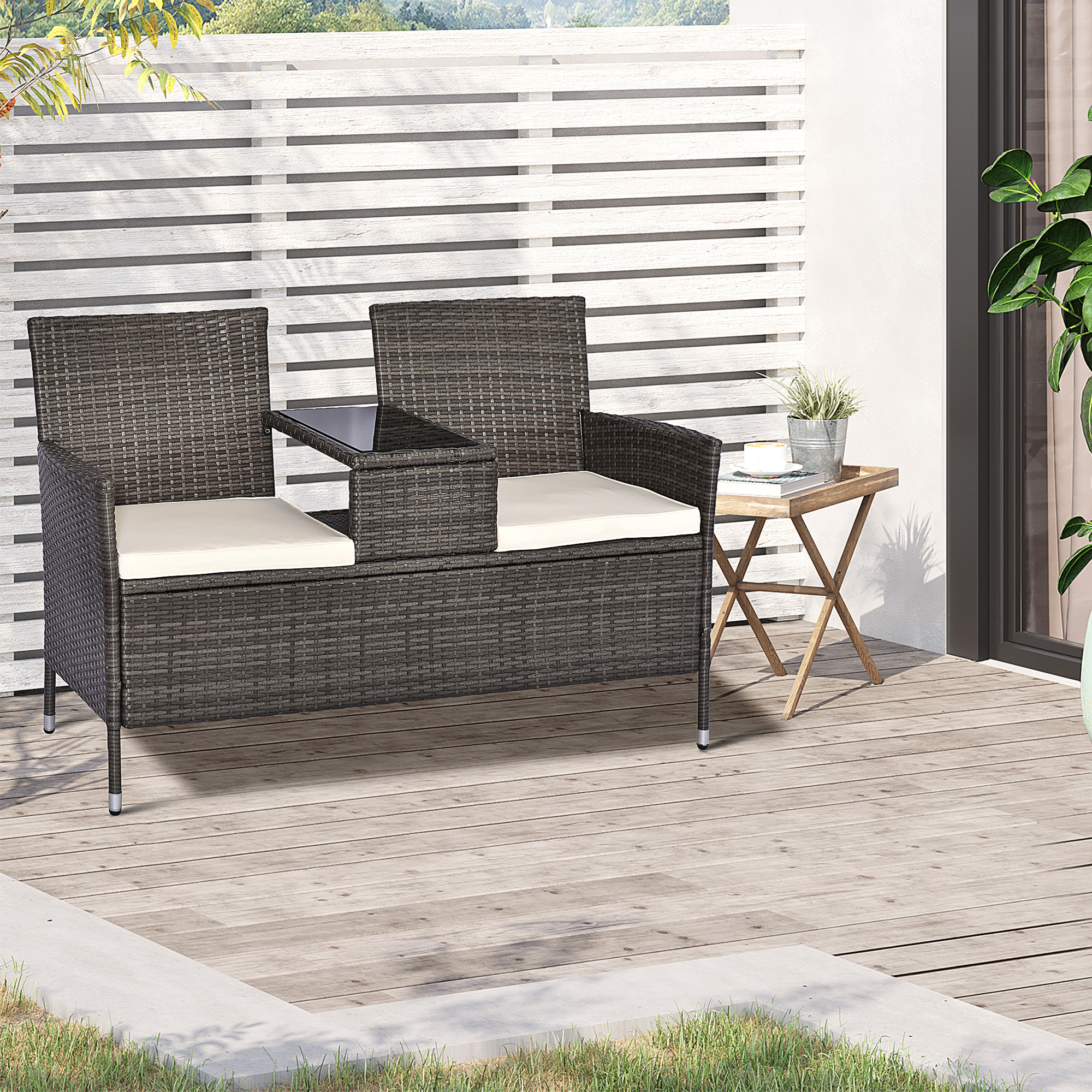 Outsunny Gartenbank aus Polyrattan  2-Sitzer Sitzbank mit integriertem Tisc günstig online kaufen